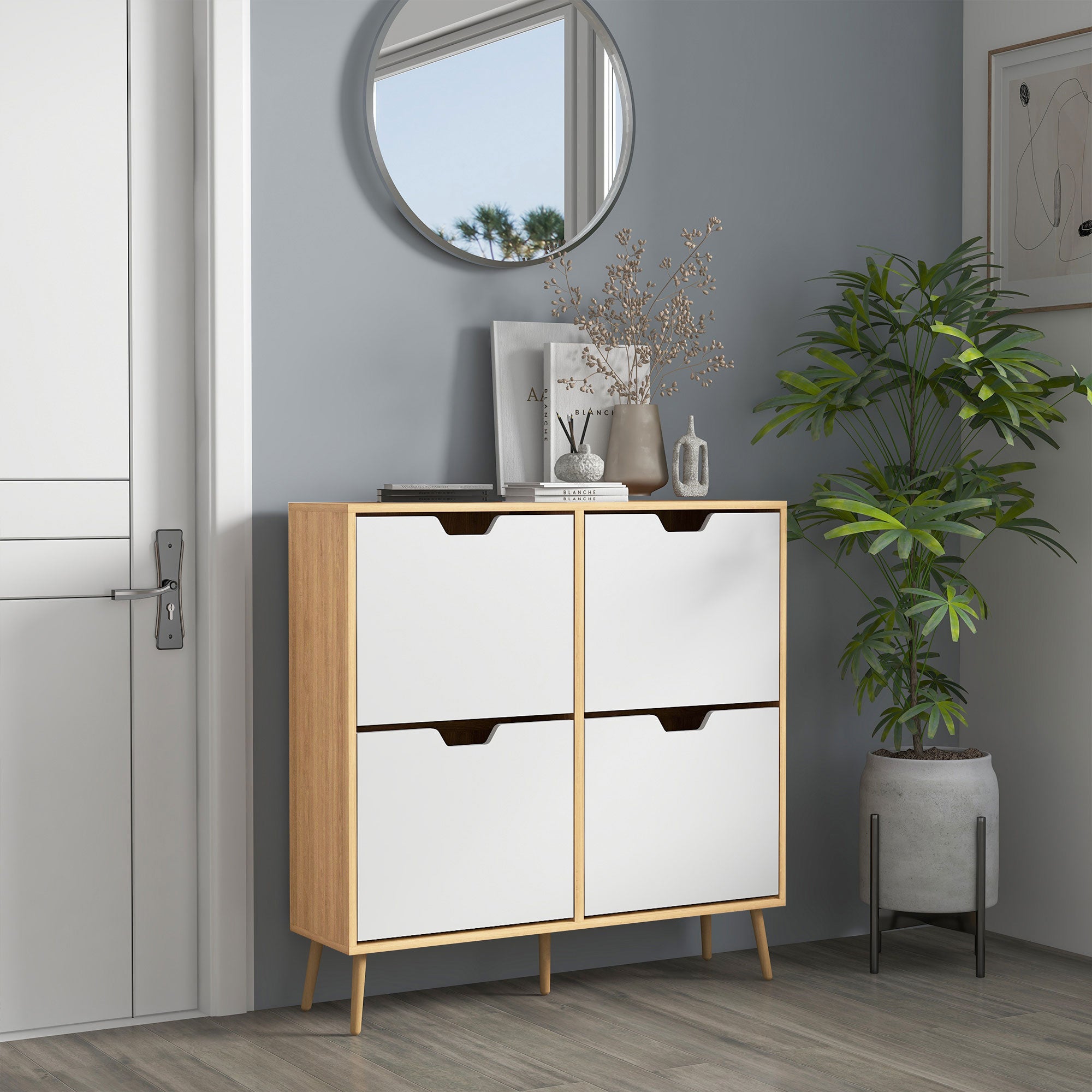 HOMCOM Shoe Cabinet with 4 Flip Drawers and Adjustable Shelf, Hallway Shoe Storage Cabinet for 16 Pairs of Shoes, Natural
