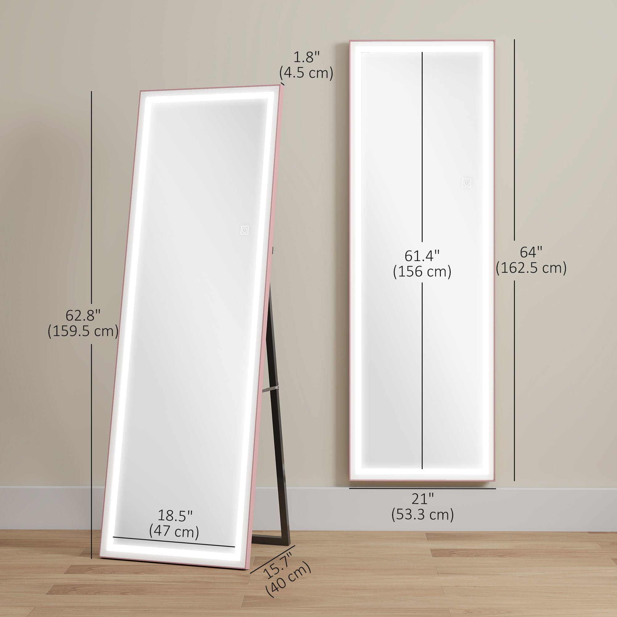 Full Length Mirror with Lights, 64" x 21" LED Full Body Mirror with Dimming and 3 Colour Lighting, Free Standing, Leaning or Wall Mount for Bedroom, Living Room, Pink