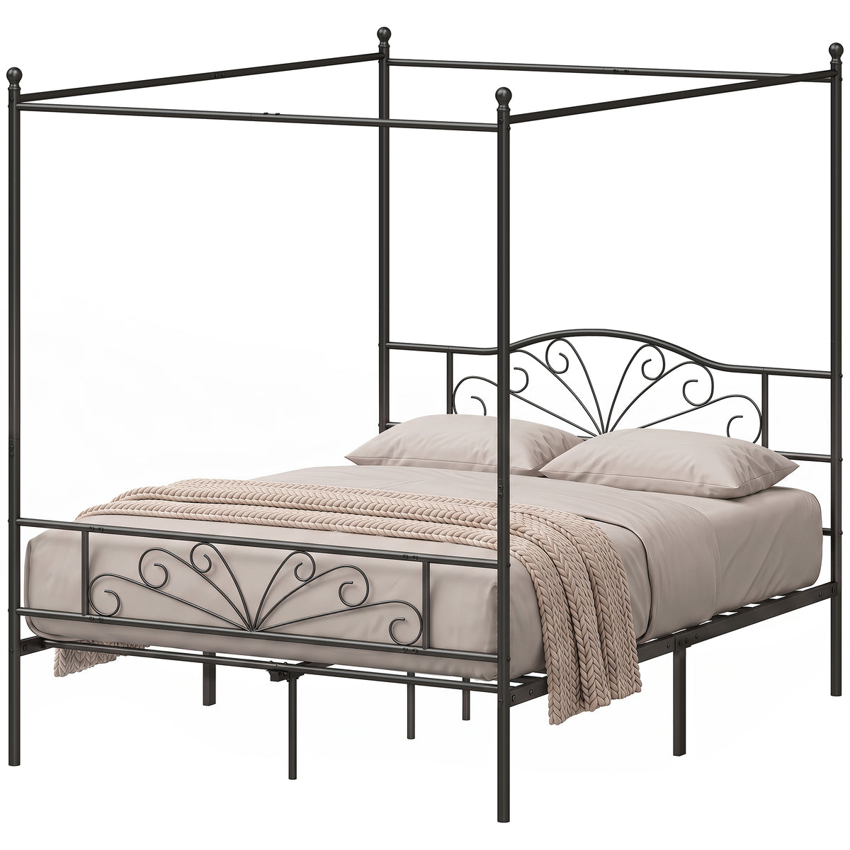 Canopy Bed Frame Double Size, Metal Platform Bed Frame with Headboard and Footboard, Underbed Storage, Heavy Duty Steel Slats Support Mattress Foundation, No Box Spring Needed, Black