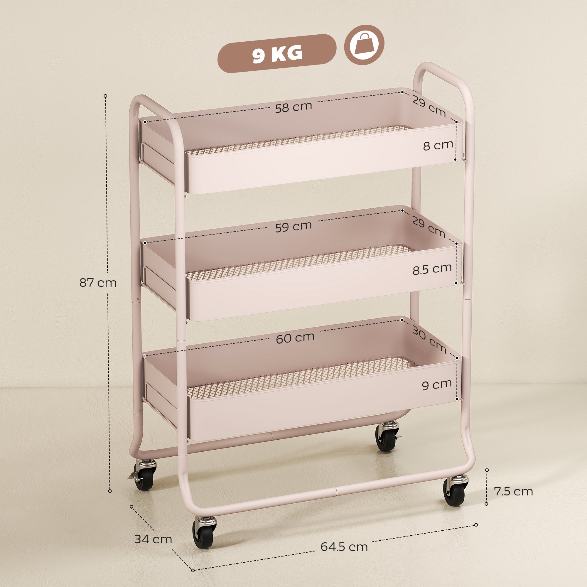 3-Tier Storage Trolley on Wheels, Rolling Utility Cart with Mesh Backets, Mobile Storage Cart for Kitchen, Bathroom, Bedroom, Light Pink