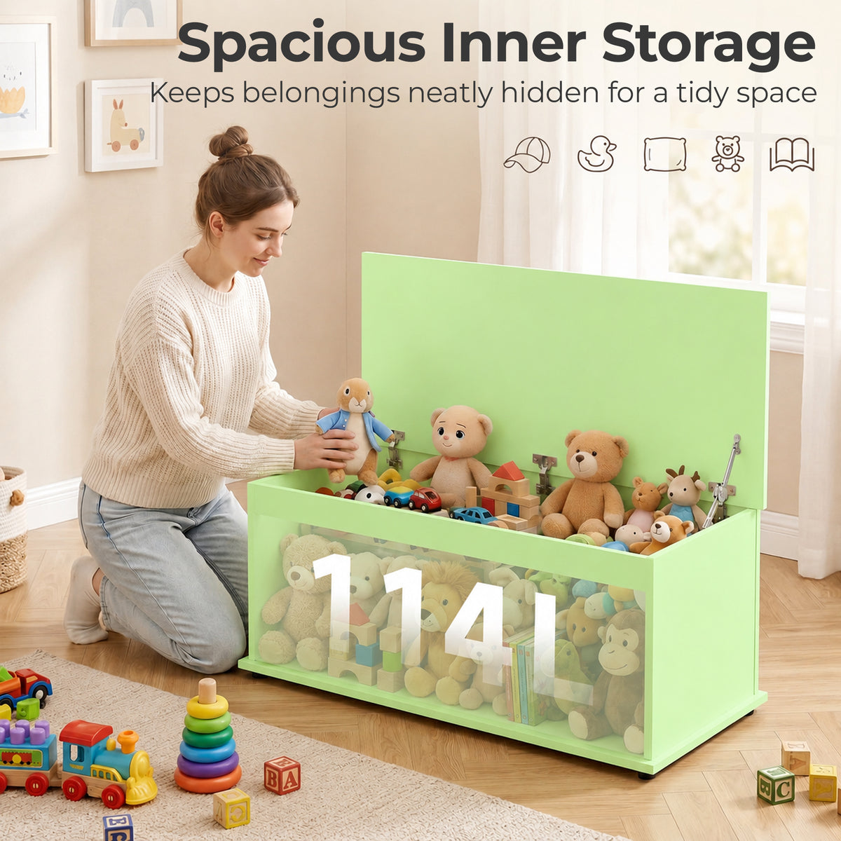 Storage Chest, Large 114L Blanket Box, Shoe Bench with Safety Hinged Lid, Storage Trunk, Bed End Bench for Bedroom, Hallway, Living room, Playroom, 100 x 40 x 40cm, Green