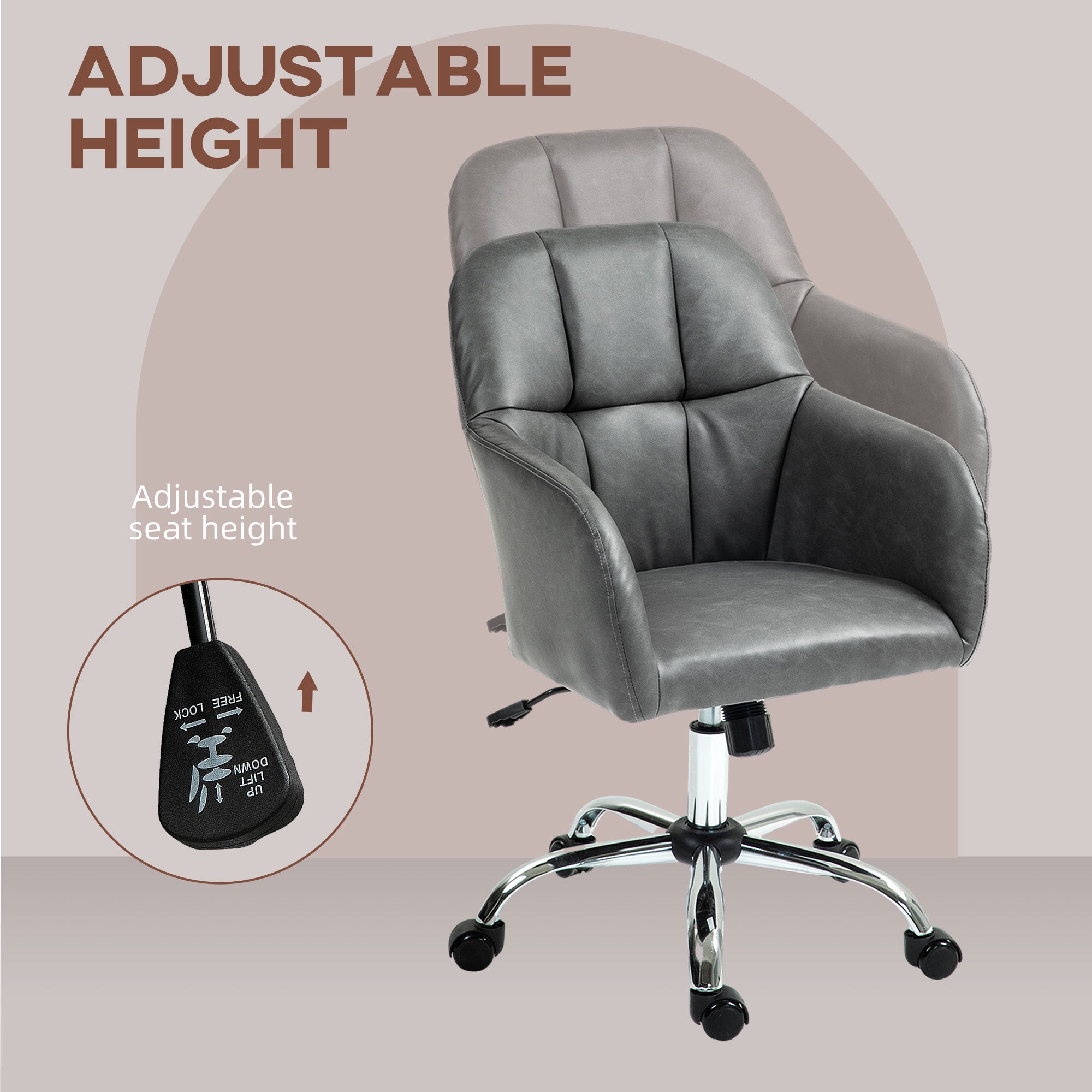 HOMCOM Computer Desk Chair, PU Leather Swivel Office Chair, Makeup Vanity Chair with Height Adjustable, Wheels, for Home Study Bedroom, Grey
