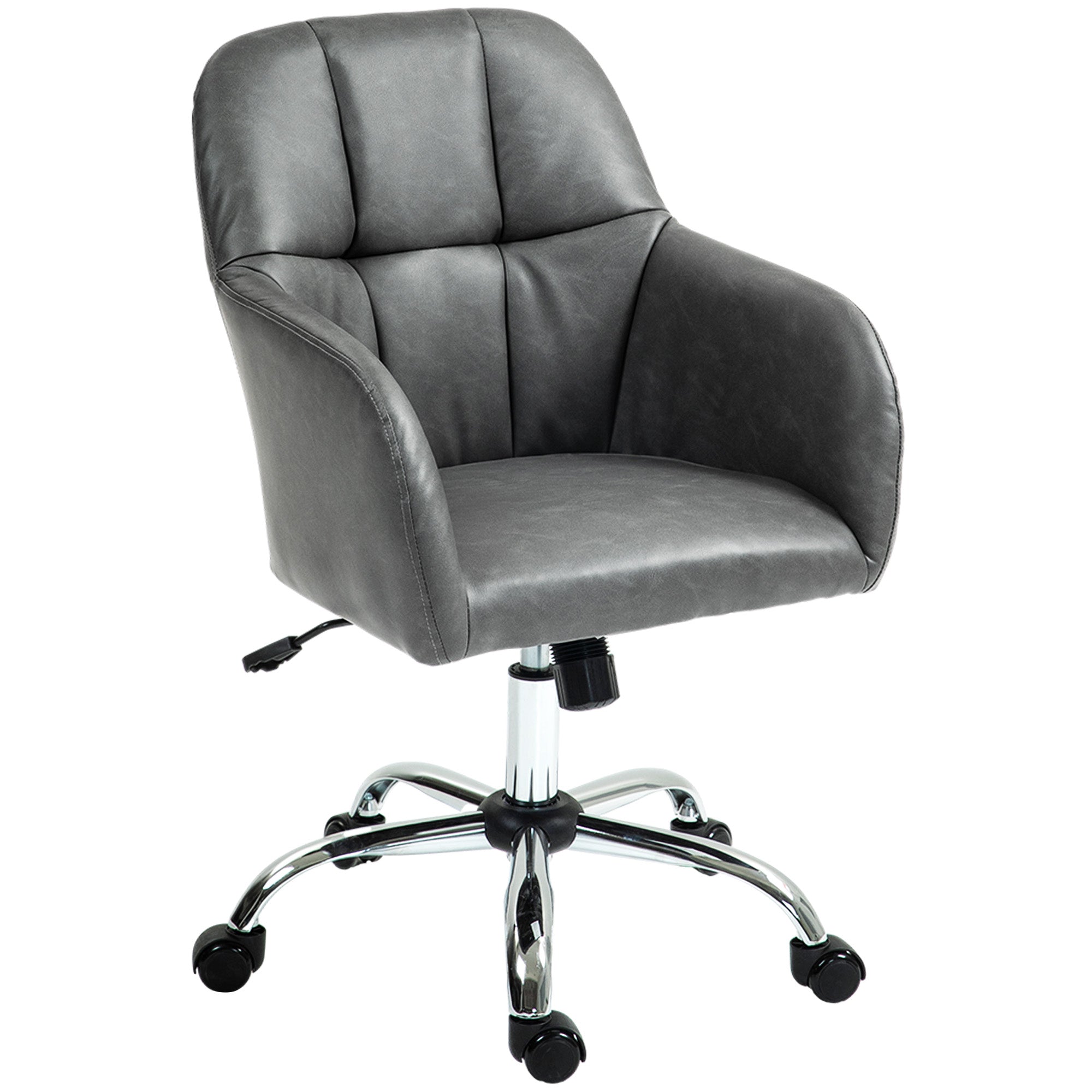 HOMCOM Computer Desk Chair, PU Leather Swivel Office Chair, Makeup Vanity Chair with Height Adjustable, Wheels, for Home Study Bedroom, Grey