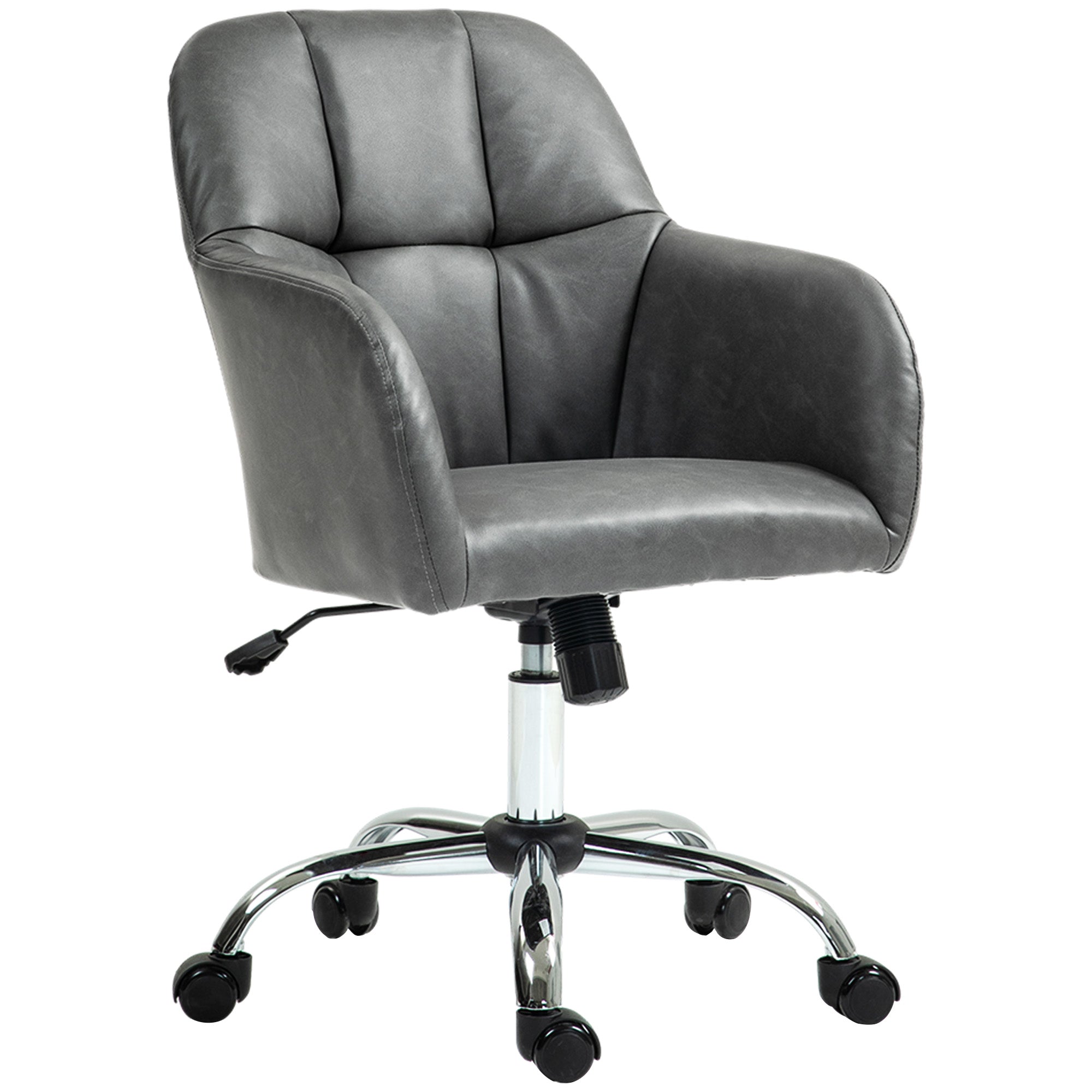 HOMCOM Computer Desk Chair, PU Leather Swivel Office Chair, Makeup Vanity Chair with Height Adjustable, Wheels, for Home Study Bedroom, Grey