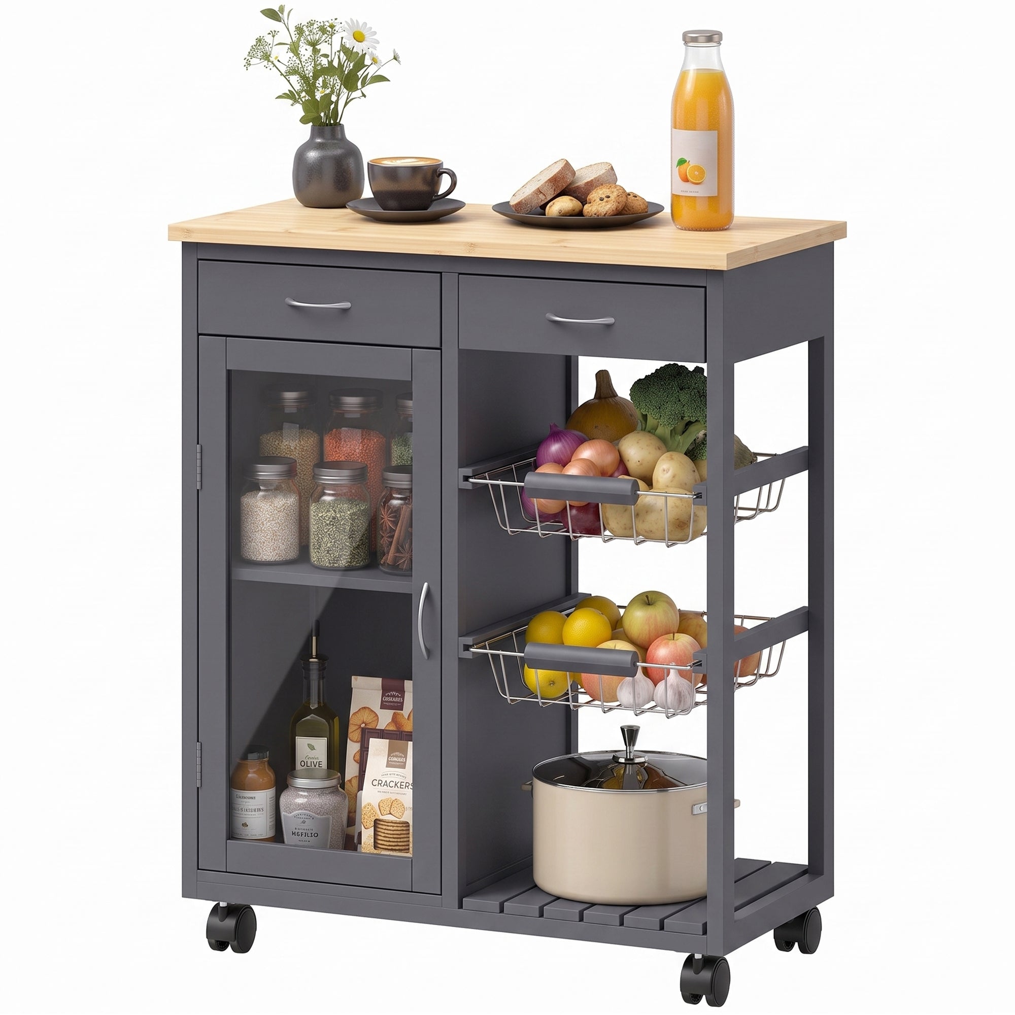 Rolling Kitchen Trolley, Bamboo Kitchen Island with Glass Door, 2 Metal Wire Baskets, 2 Drawers & Adjustable Shelf, 67 x 35 x 80 cm, Grey