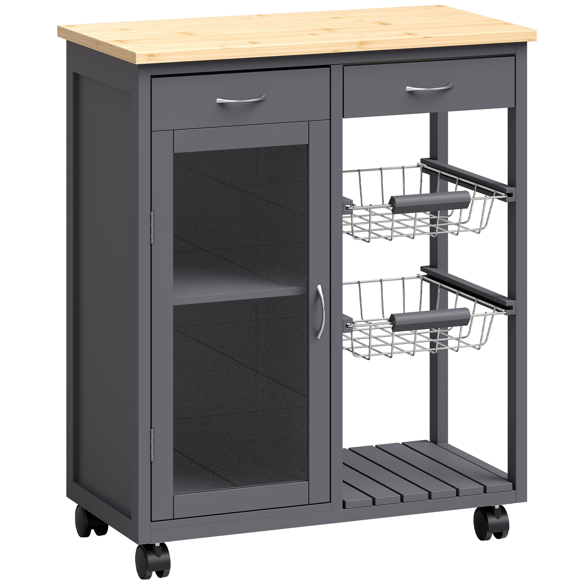 Rolling Kitchen Trolley, Bamboo Kitchen Island with Glass Door, 2 Metal Wire Baskets, 2 Drawers & Adjustable Shelf, 67 x 35 x 80 cm, Grey