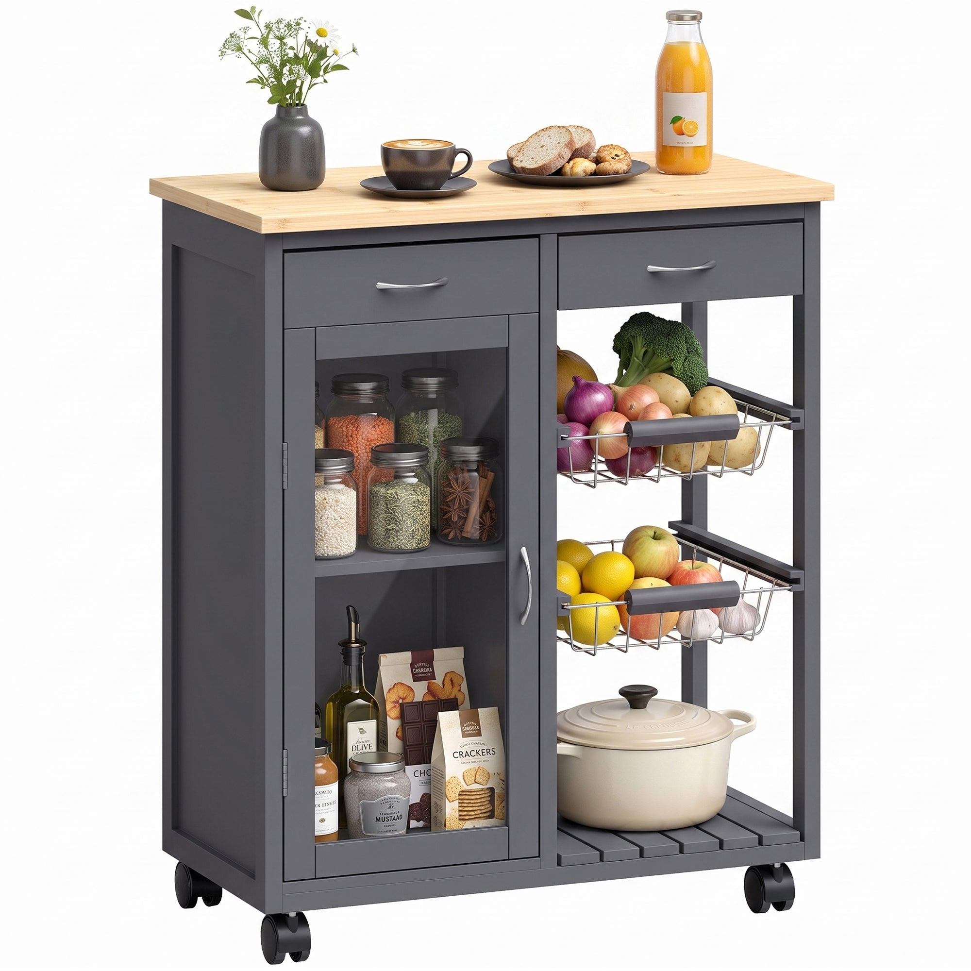 Rolling Kitchen Trolley, Bamboo Kitchen Island with Glass Door, 2 Metal Wire Baskets, 2 Drawers & Adjustable Shelf, 67 x 35 x 80 cm, Grey