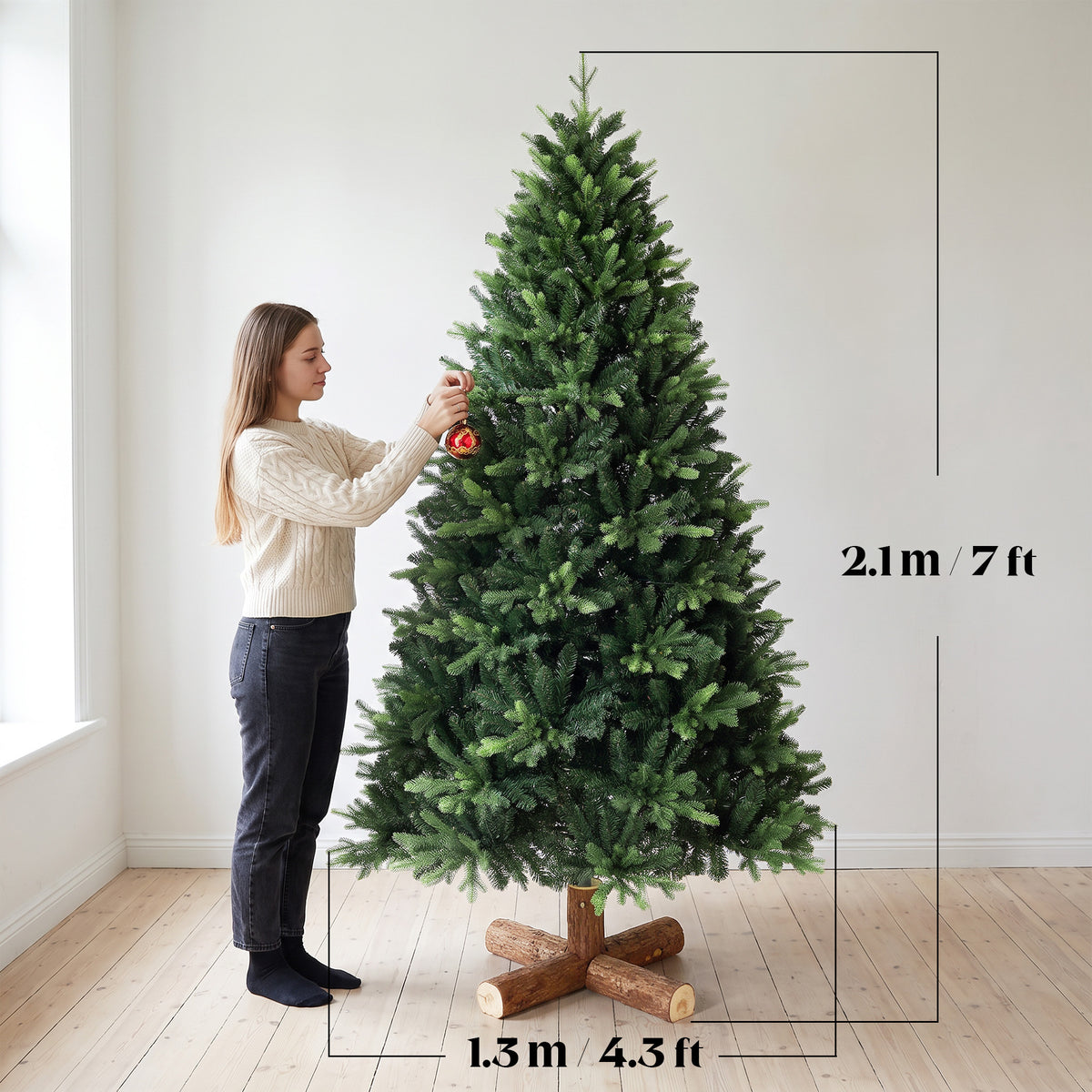 7ft Artificial Christmas Tree, Hinged Xmas Tree with 3834 PE & PVC Branch Tips, Solid Fir Wood Stand, Auto Open for Home Office Holiday Decoration, Green
