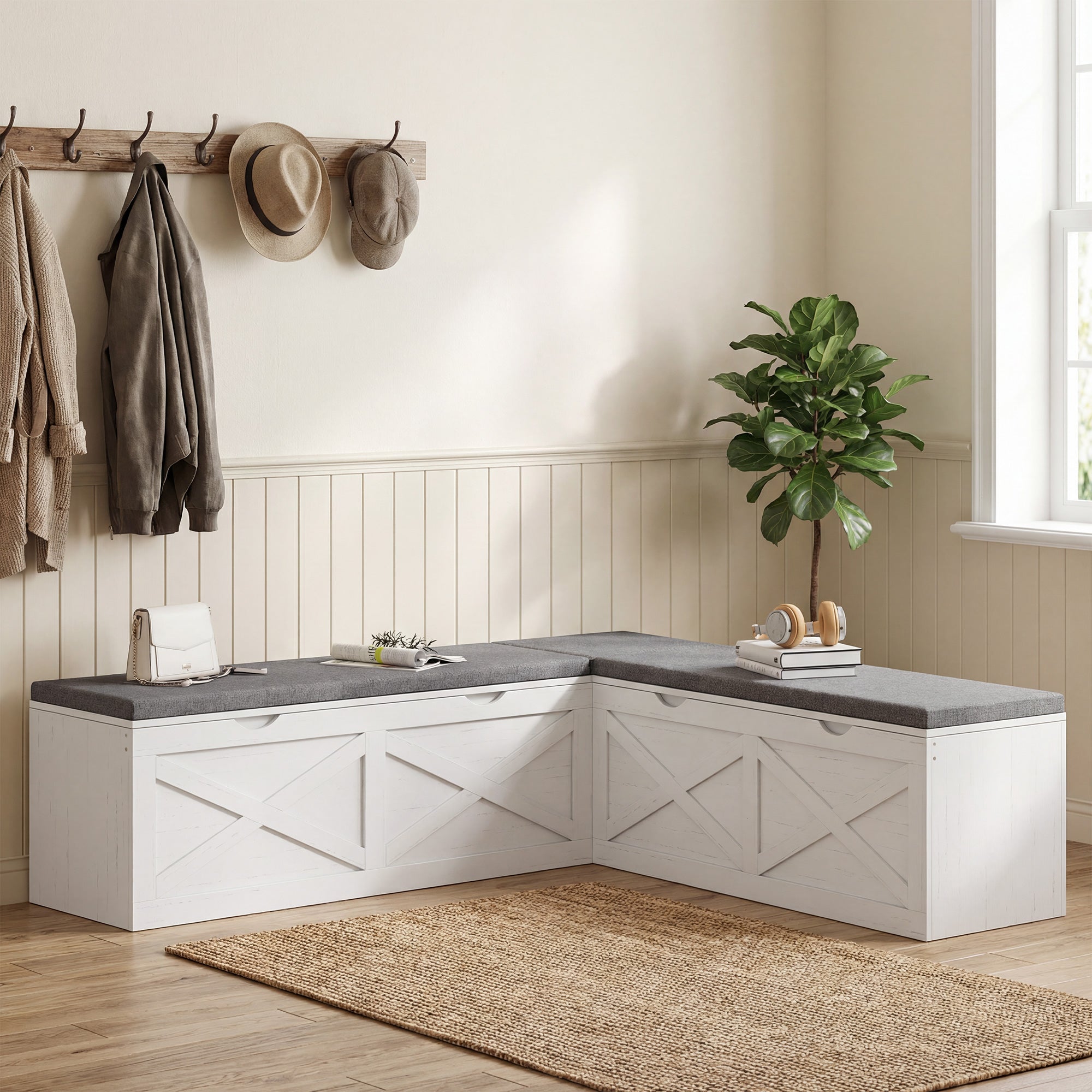 L-Shaped Shoe Bench with Padded Cushion, Modular Shoe Storage Bench with 5 Storage Compartments, Soft-Closing Design, Entryway Corner Bench for Hallway, White