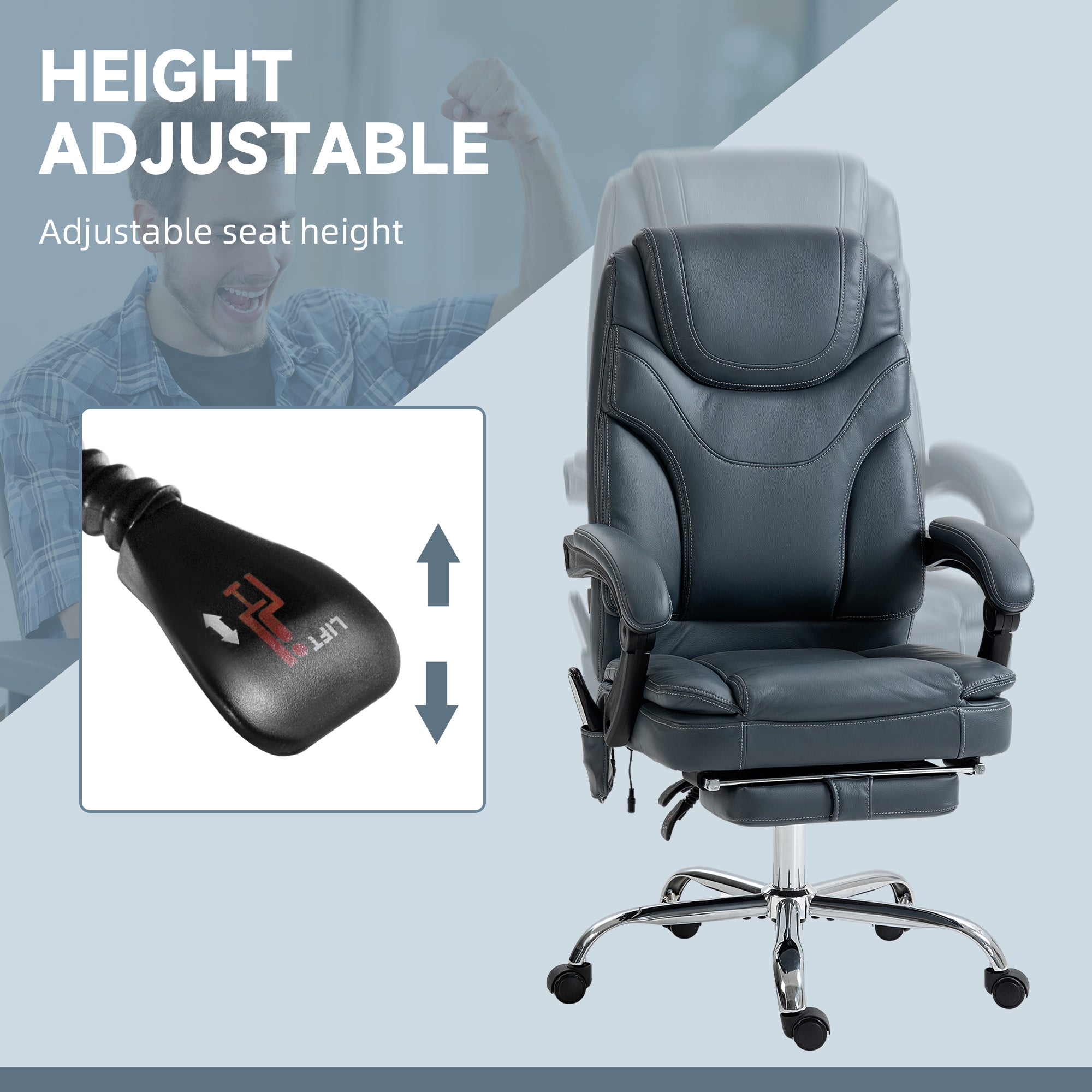 Vinsetto PU Leather Massage Office Chair with 6 Vibration Points, Heated Reclining Computer Desk Chair with Adjustable Height, Footrest, Grey