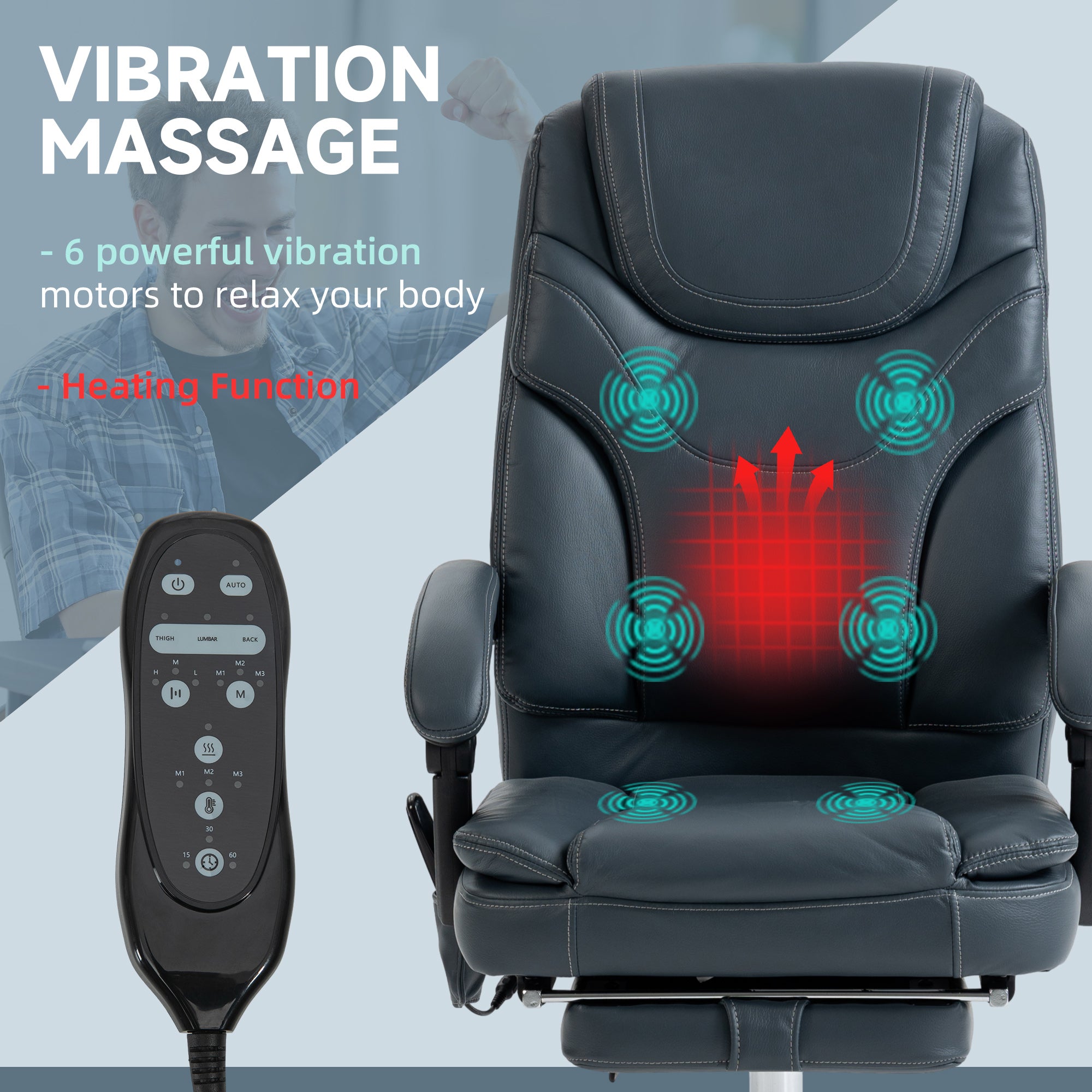 Vinsetto PU Leather Massage Office Chair with 6 Vibration Points, Heated Reclining Computer Desk Chair with Adjustable Height, Footrest, Grey