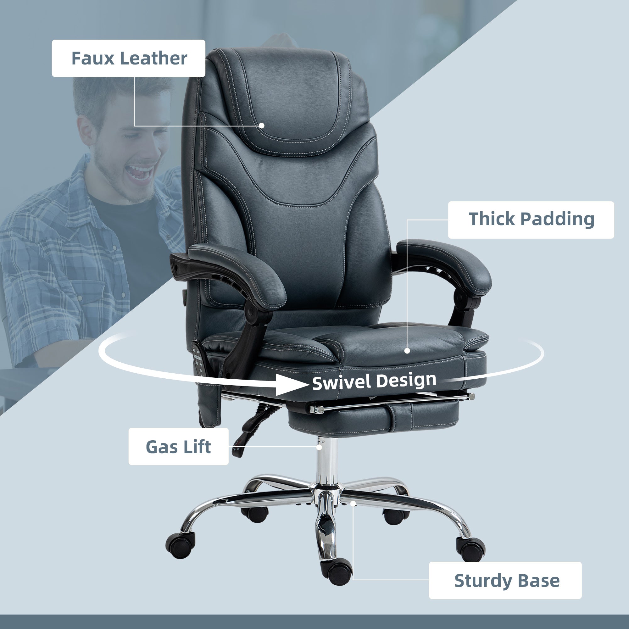 Vinsetto PU Leather Massage Office Chair with 6 Vibration Points, Heated Reclining Computer Desk Chair with Adjustable Height, Footrest, Grey