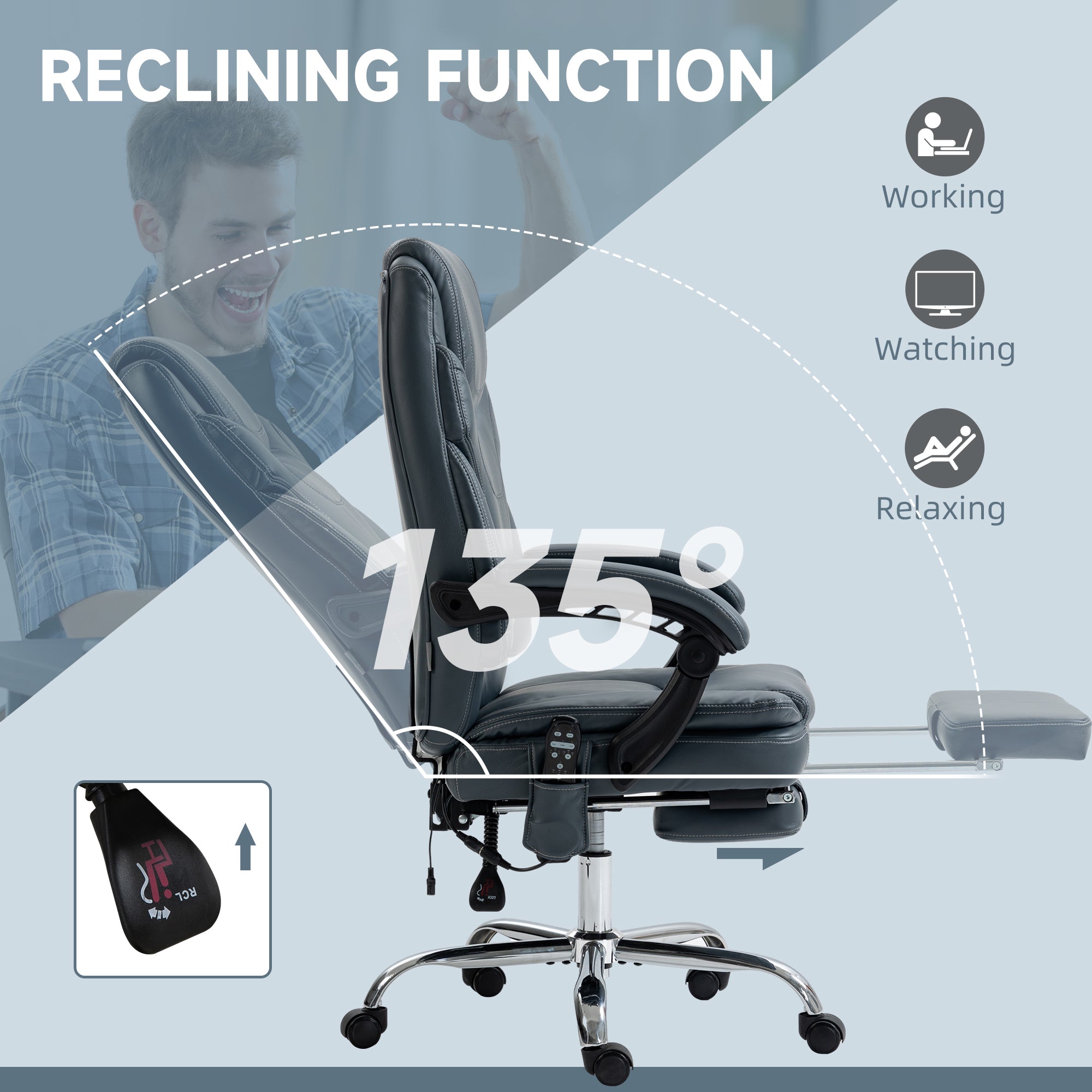 Vinsetto PU Leather Massage Office Chair with 6 Vibration Points, Heated Reclining Computer Desk Chair with Adjustable Height, Footrest, Grey