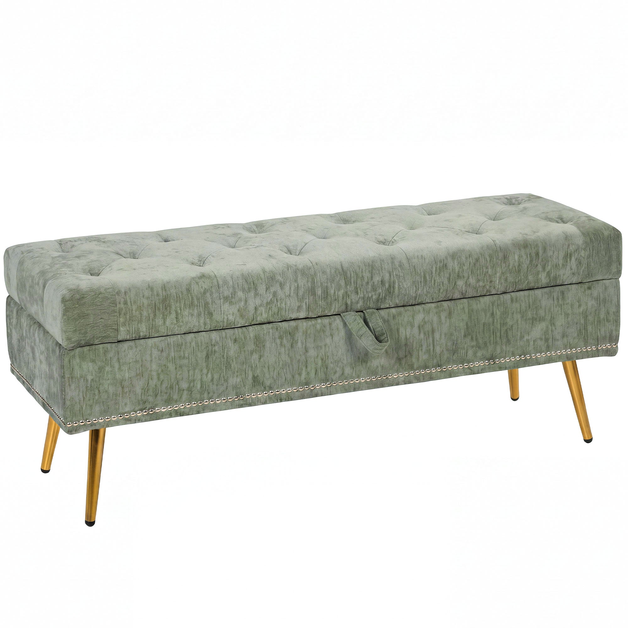 Storage Ottoman, Chenille Upholstered Ottoman Storage Box with Padded Seat, End of Bed Bench with Metal Legs for Bedroom, Hallway, Living Room, 114 x 41 x 45 cm, Light Green