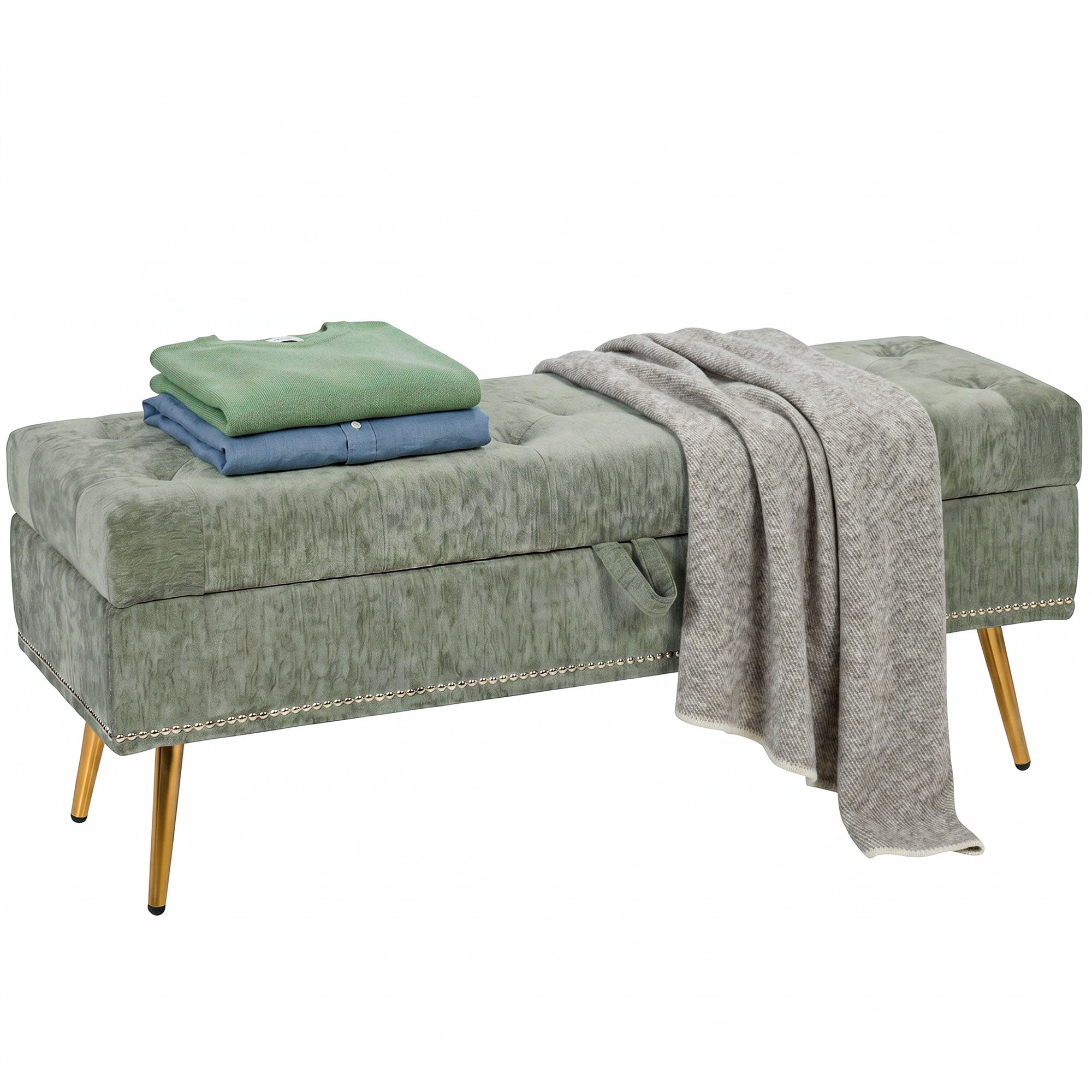 Storage Ottoman, Chenille Upholstered Ottoman Storage Box with Padded Seat, End of Bed Bench with Metal Legs for Bedroom, Hallway, Living Room, 114 x 41 x 45 cm, Light Green