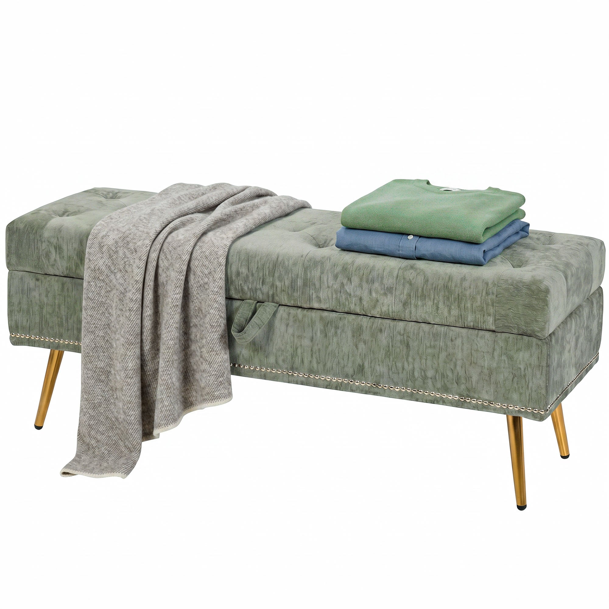 Storage Ottoman, Chenille Upholstered Ottoman Storage Box with Padded Seat, End of Bed Bench with Metal Legs for Bedroom, Hallway, Living Room, 114 x 41 x 45 cm, Light Green
