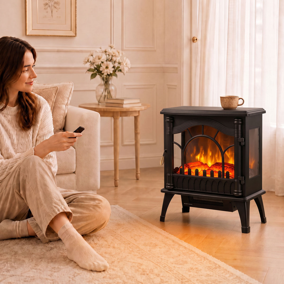 Electric Fireplace 1000W/2000W, Freestanding Decorative Heater with Adjustable Temperature, Low Energy Consumption, Overheat Protection, 3D Flame Effect for Living Room, 161-323 sq ft, Black