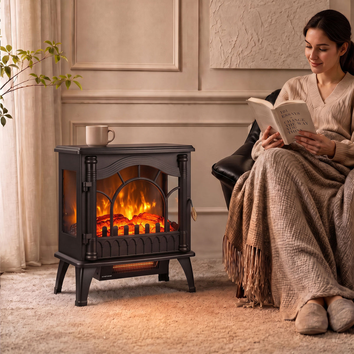 Electric Fireplace 1000W/2000W, Freestanding Decorative Heater with Adjustable Temperature, Low Energy Consumption, Overheat Protection, 3D Flame Effect for Living Room, 161-323 sq ft, Black
