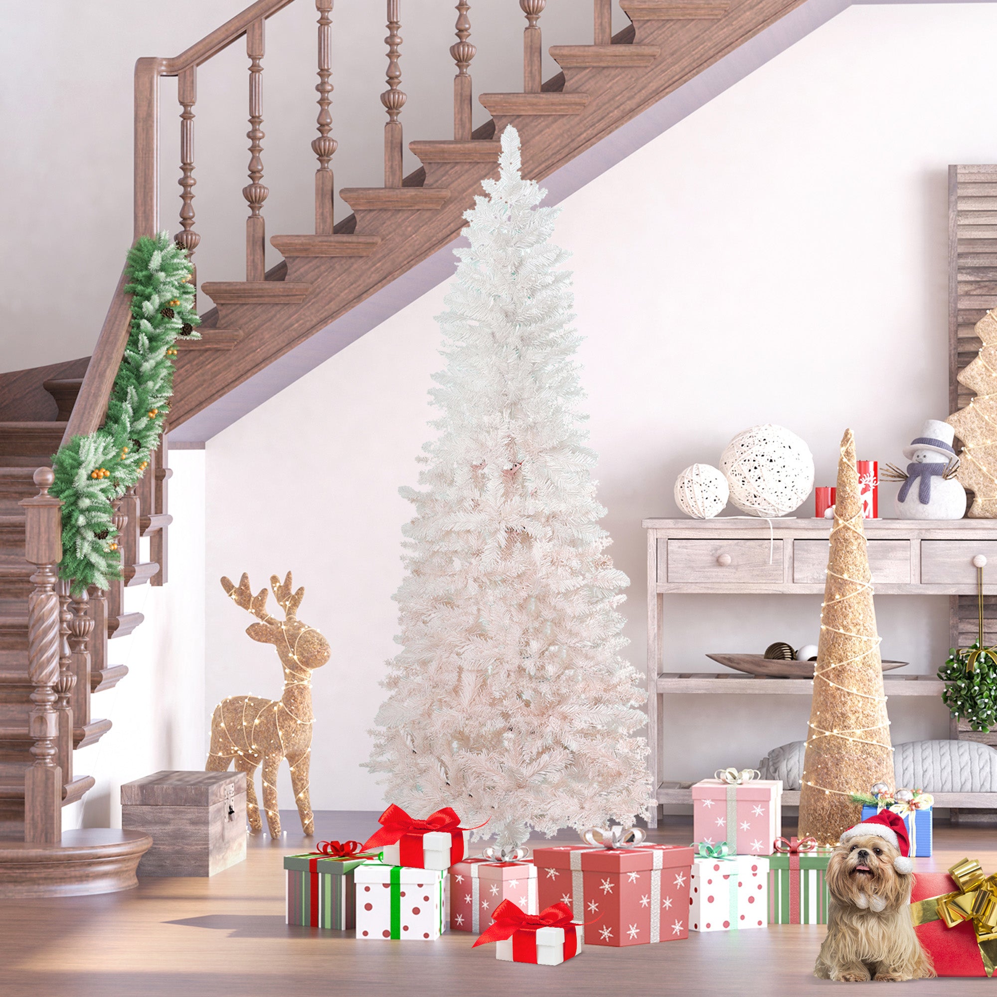 6' Tall Unlit Pencil Fir Artificial Christmas Tree with Realistic Branches and Steel Base Pink and White