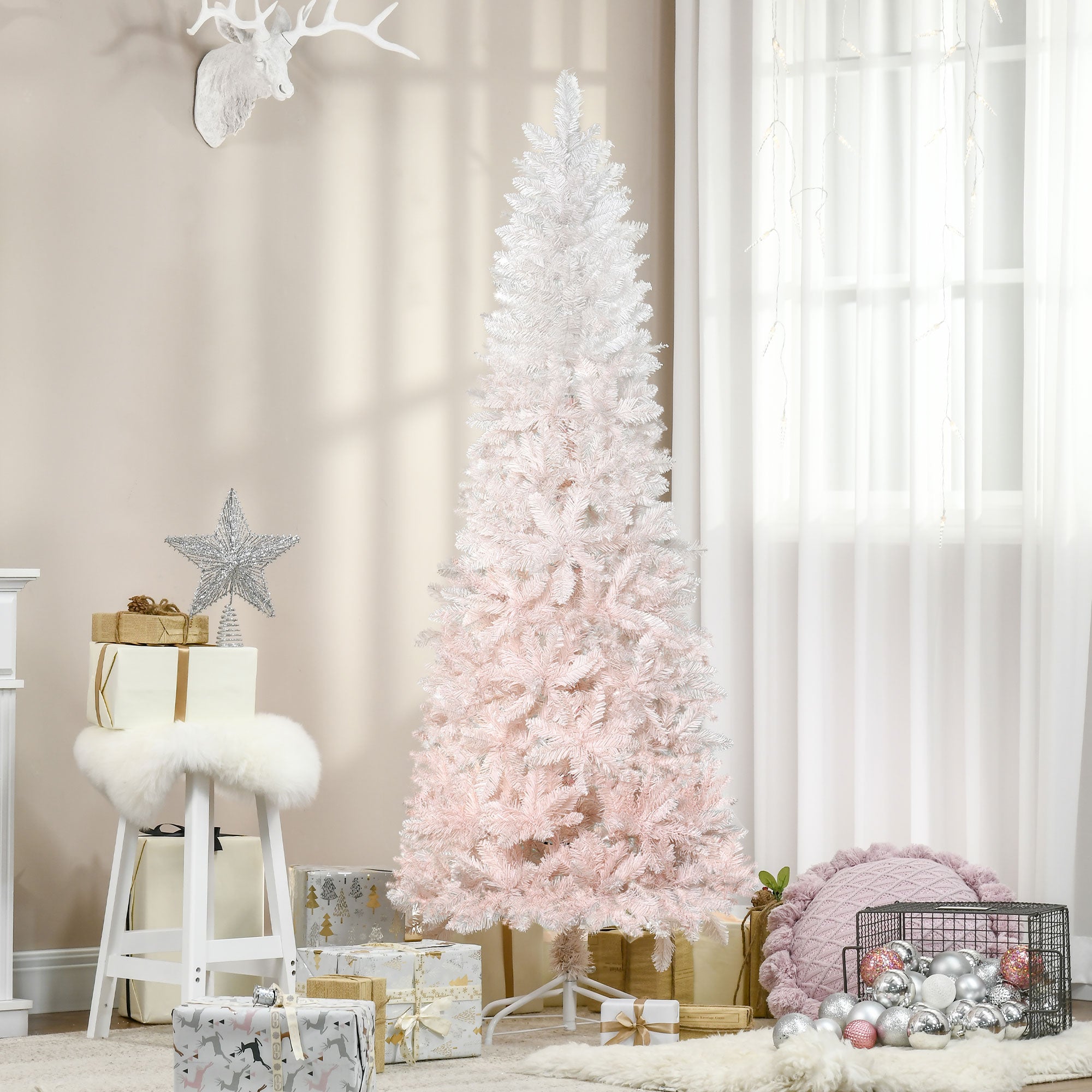 6' Tall Unlit Pencil Fir Artificial Christmas Tree with Realistic Branches and Steel Base Pink and White