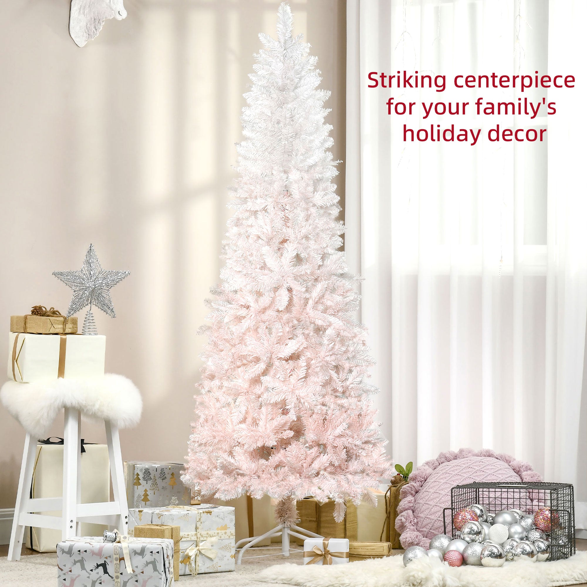 6' Tall Unlit Pencil Fir Artificial Christmas Tree with Realistic Branches and Steel Base Pink and White