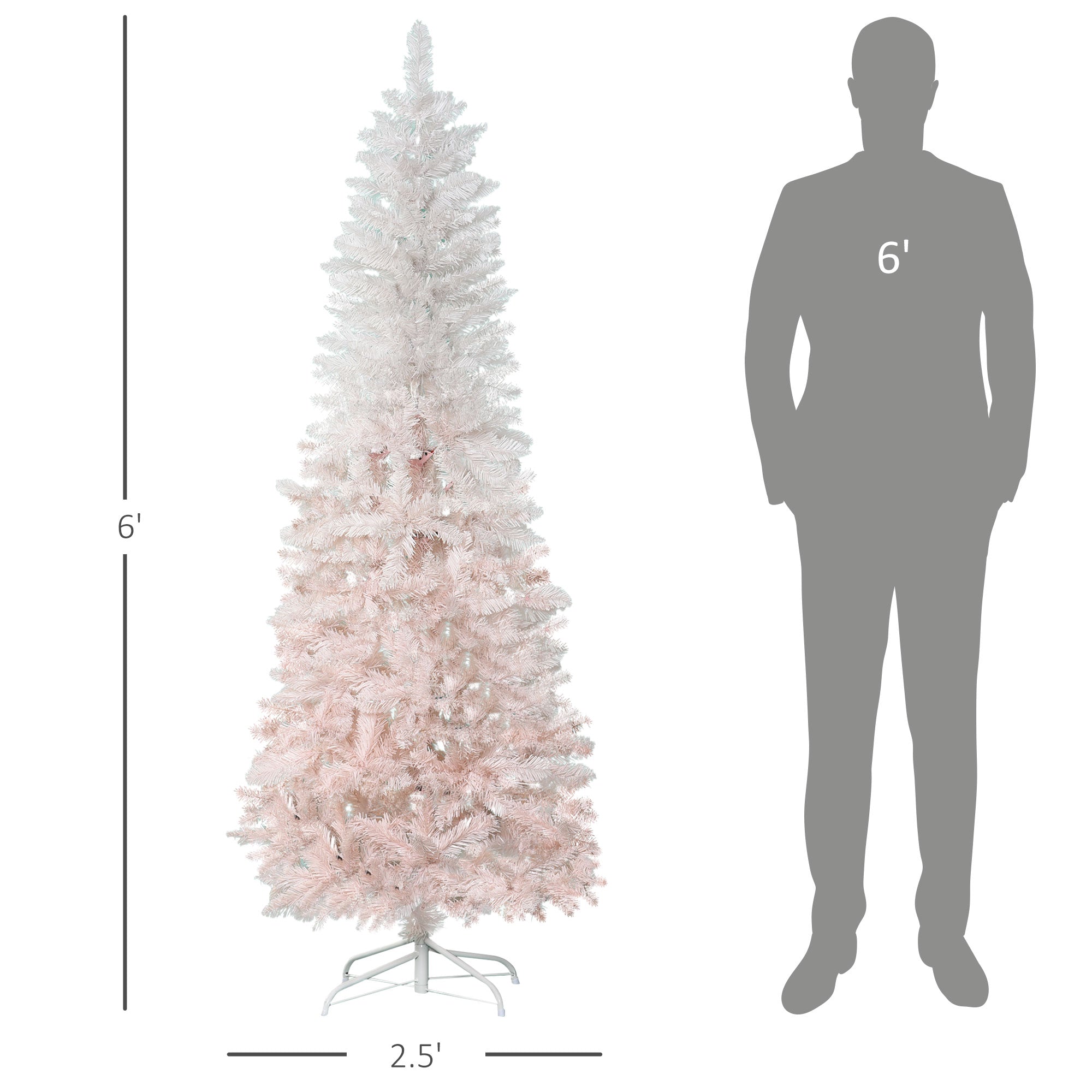 6' Tall Unlit Pencil Fir Artificial Christmas Tree with Realistic Branches and Steel Base Pink and White