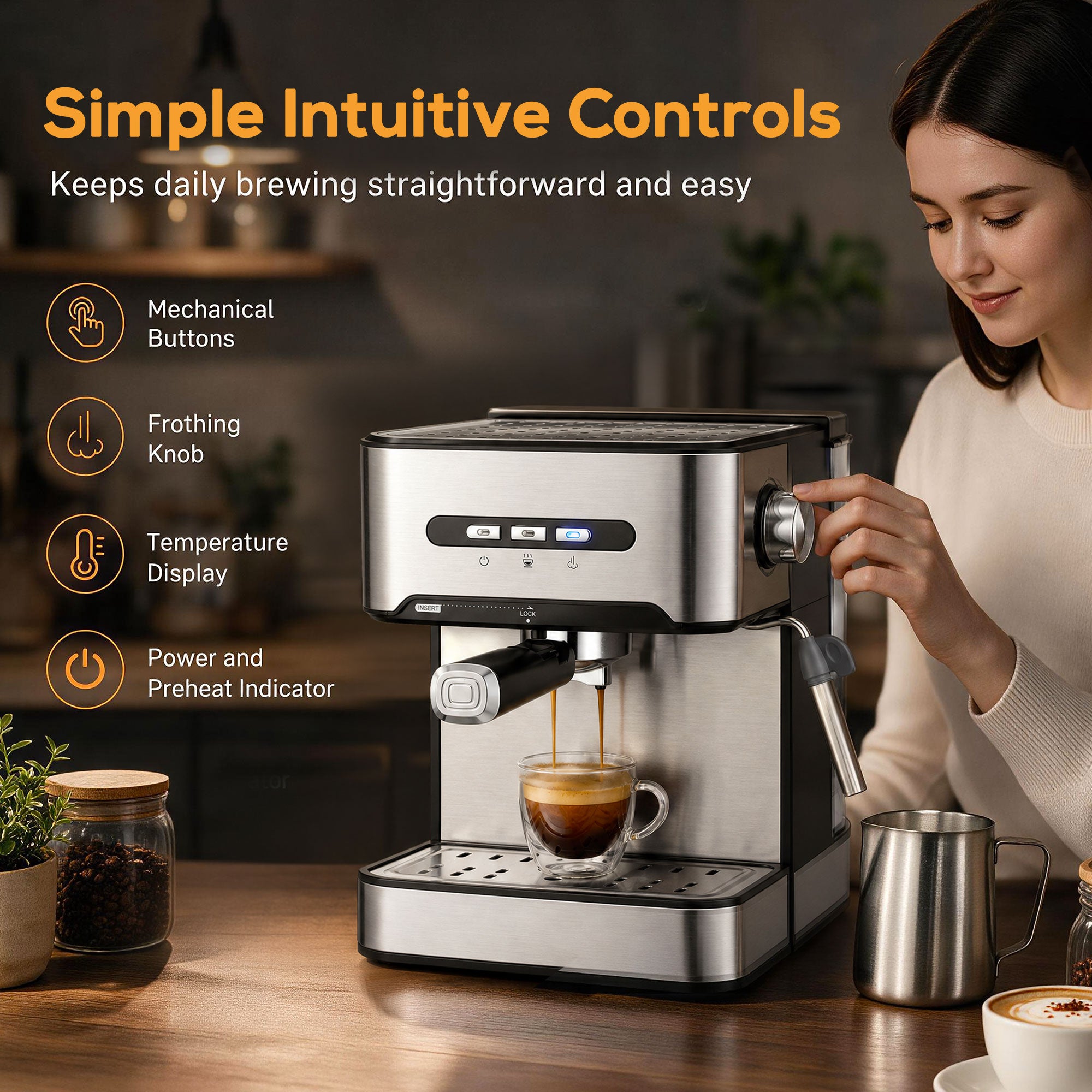 Espresso Machine with Milk Frother Wand, 1.6 L Water Tank, 850W Semi Automatic 20 Bar Coffee Machine, Latte and Cappuccino Maker with Double Shot, Hot Water, Cup Warming, Black and Silver