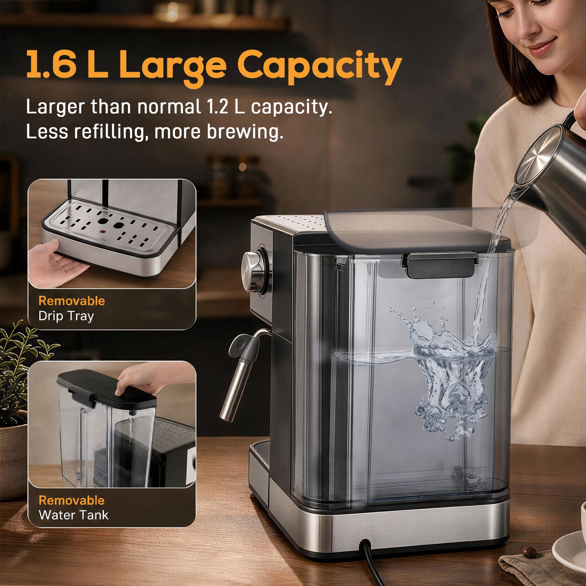 Espresso Machine with Milk Frother Wand, 1.6 L Water Tank, 850W Semi Automatic 20 Bar Coffee Machine, Latte and Cappuccino Maker with Double Shot, Hot Water, Cup Warming, Black and Silver
