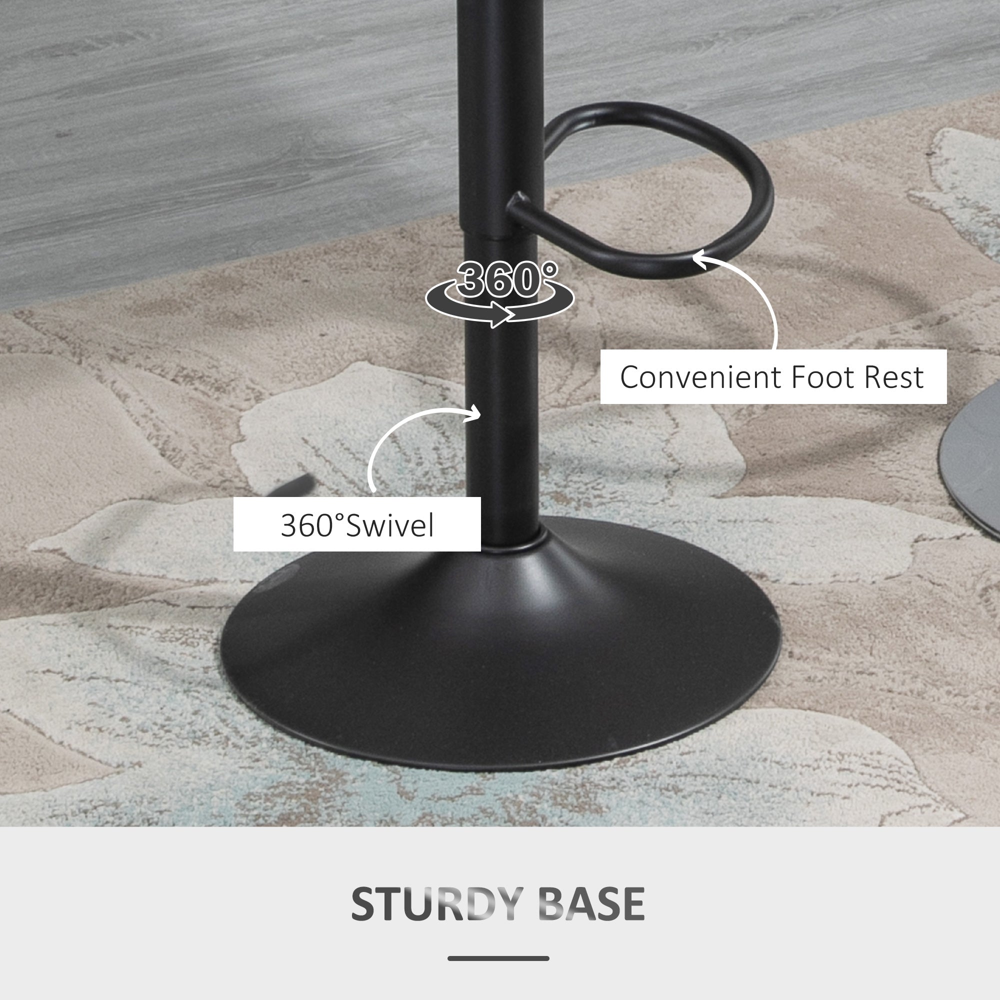 HOMCOM Counter Height Bar Stools Set of 2, Adjustable Barstools with PU Upholstered Back, Footrest, Round Base, Channel Tufted Cut-out Island Chairs for Kitchen, Dining Room, Grey