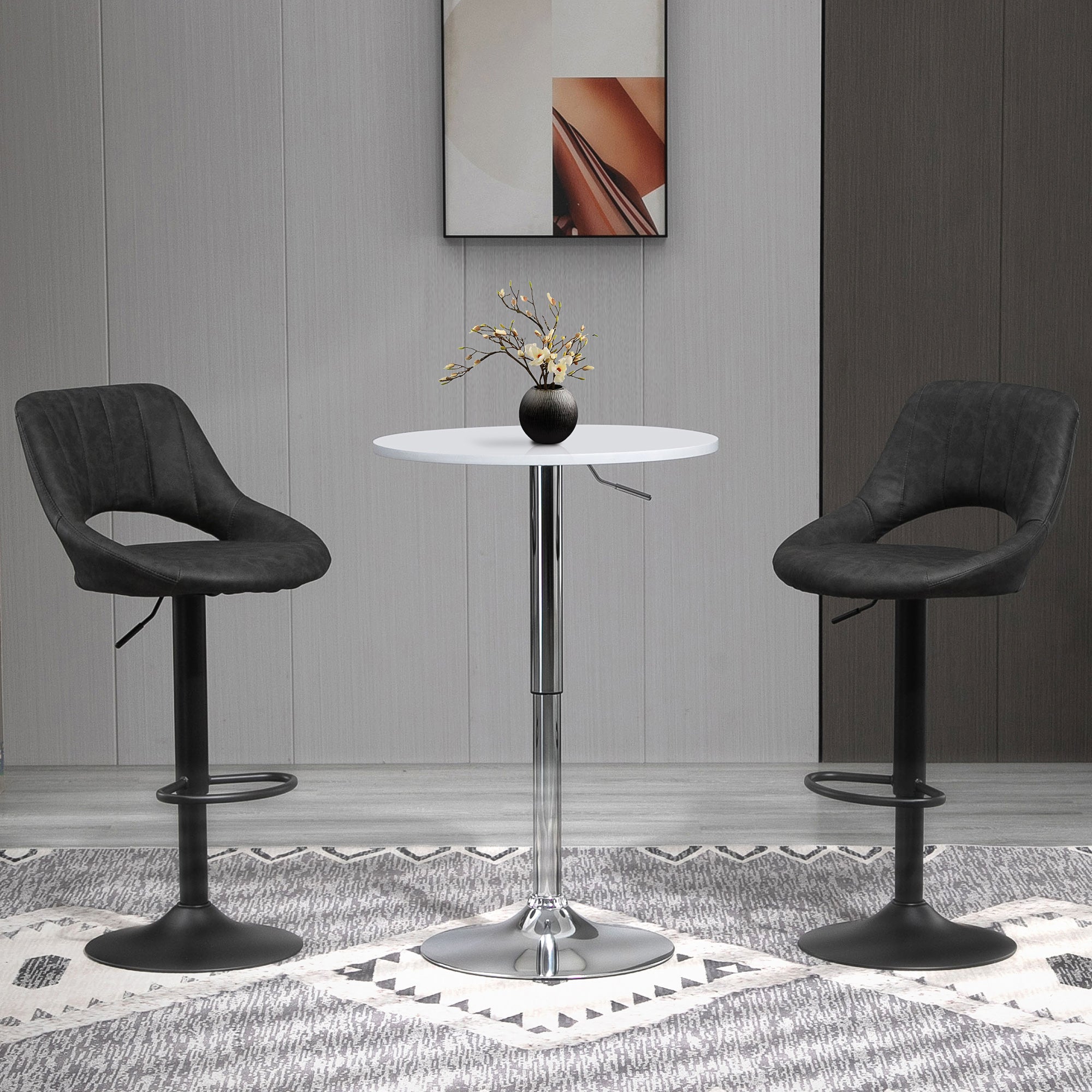 HOMCOM Counter Height Bar Stools Set of 2, Adjustable Barstools with PU Upholstered Back, Footrest, Round Base, Channel Tufted Cut-out Island Chairs for Kitchen, Dining Room, Grey