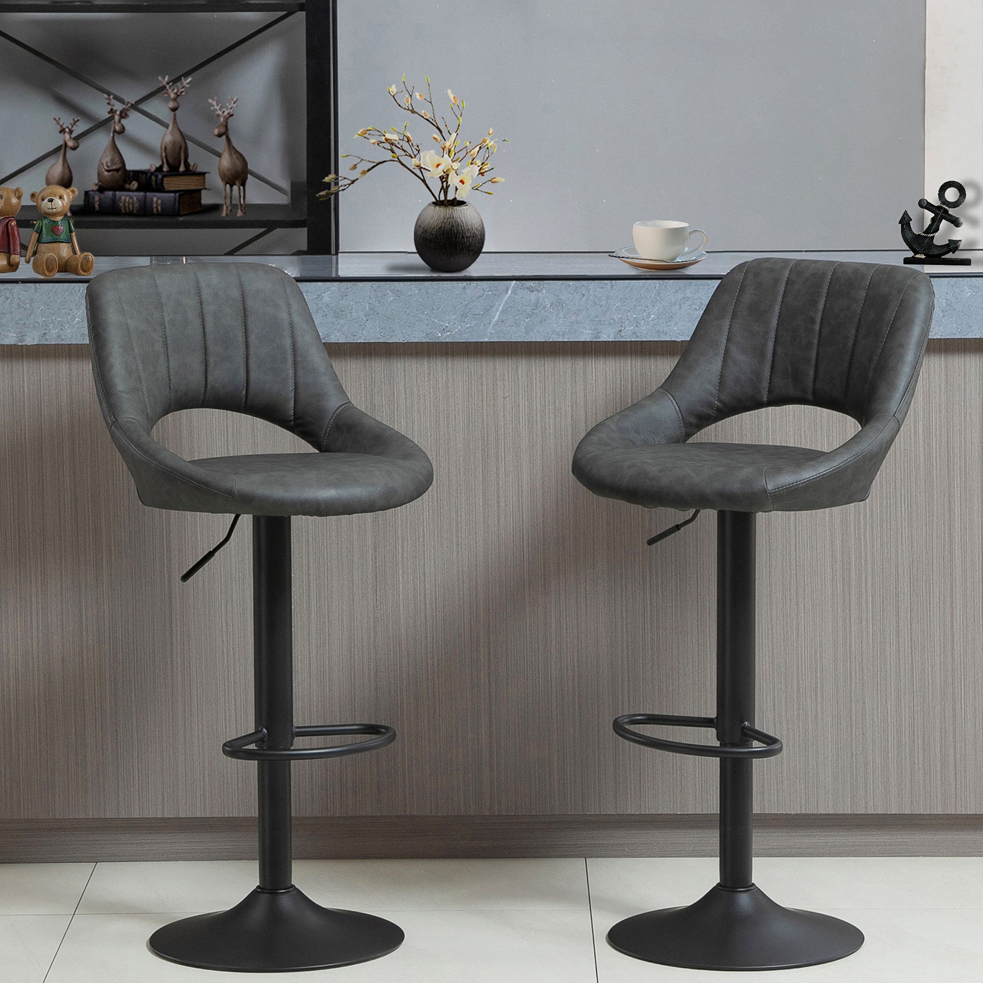 HOMCOM Counter Height Bar Stools Set of 2, Adjustable Barstools with PU Upholstered Back, Footrest, Round Base, Channel Tufted Cut-out Island Chairs for Kitchen, Dining Room, Grey