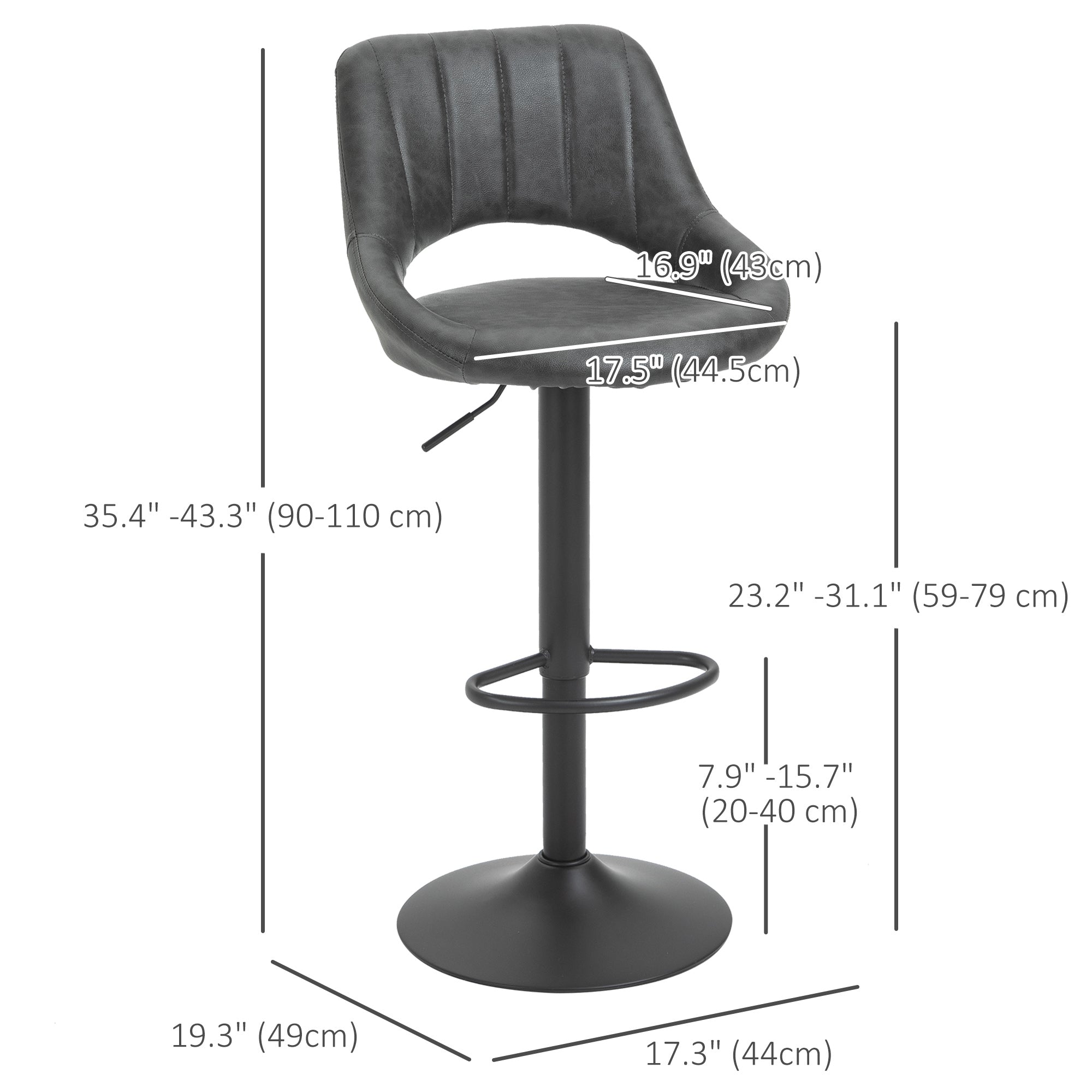HOMCOM Counter Height Bar Stools Set of 2, Adjustable Barstools with PU Upholstered Back, Footrest, Round Base, Channel Tufted Cut-out Island Chairs for Kitchen, Dining Room, Grey