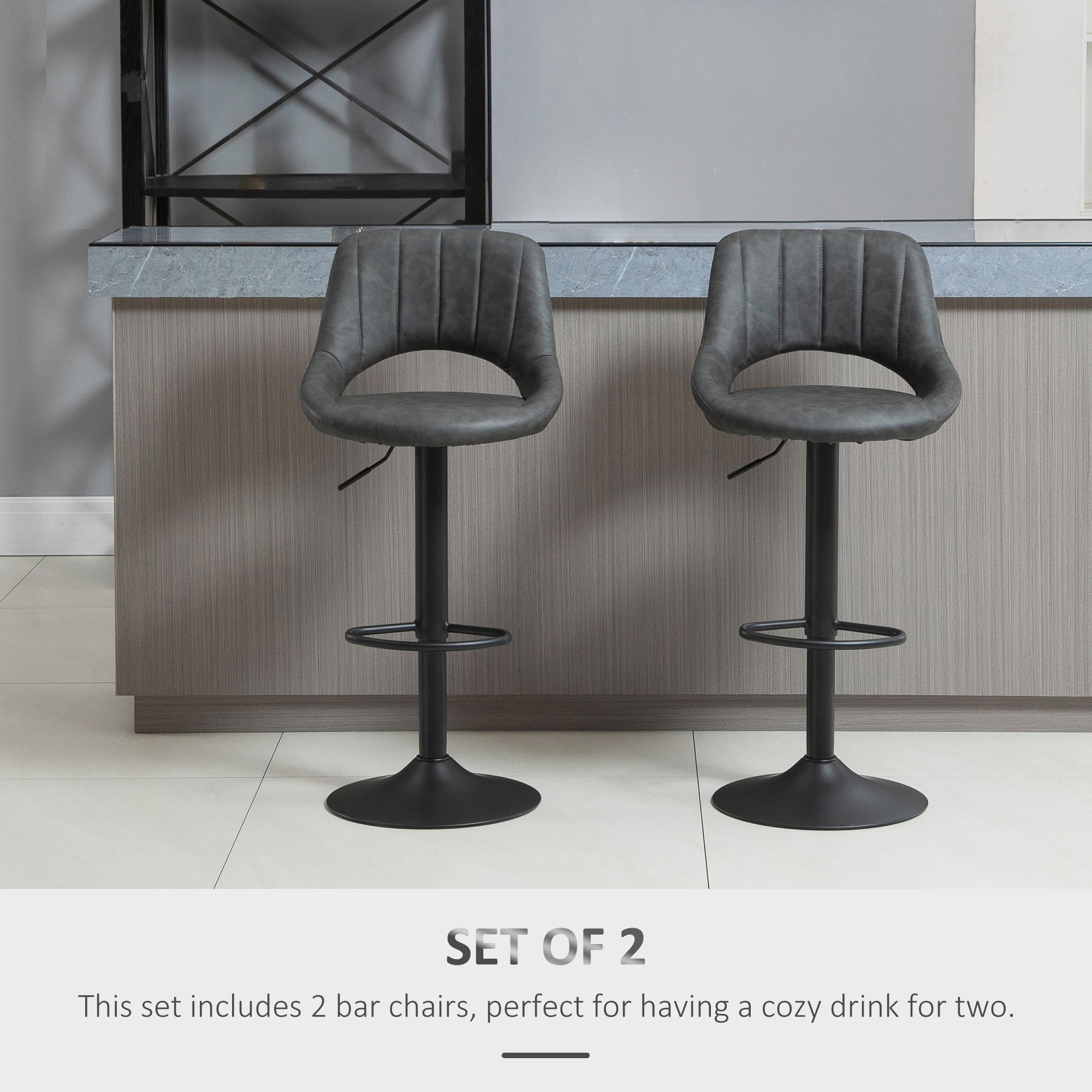 HOMCOM Counter Height Bar Stools Set of 2, Adjustable Barstools with PU Upholstered Back, Footrest, Round Base, Channel Tufted Cut-out Island Chairs for Kitchen, Dining Room, Grey