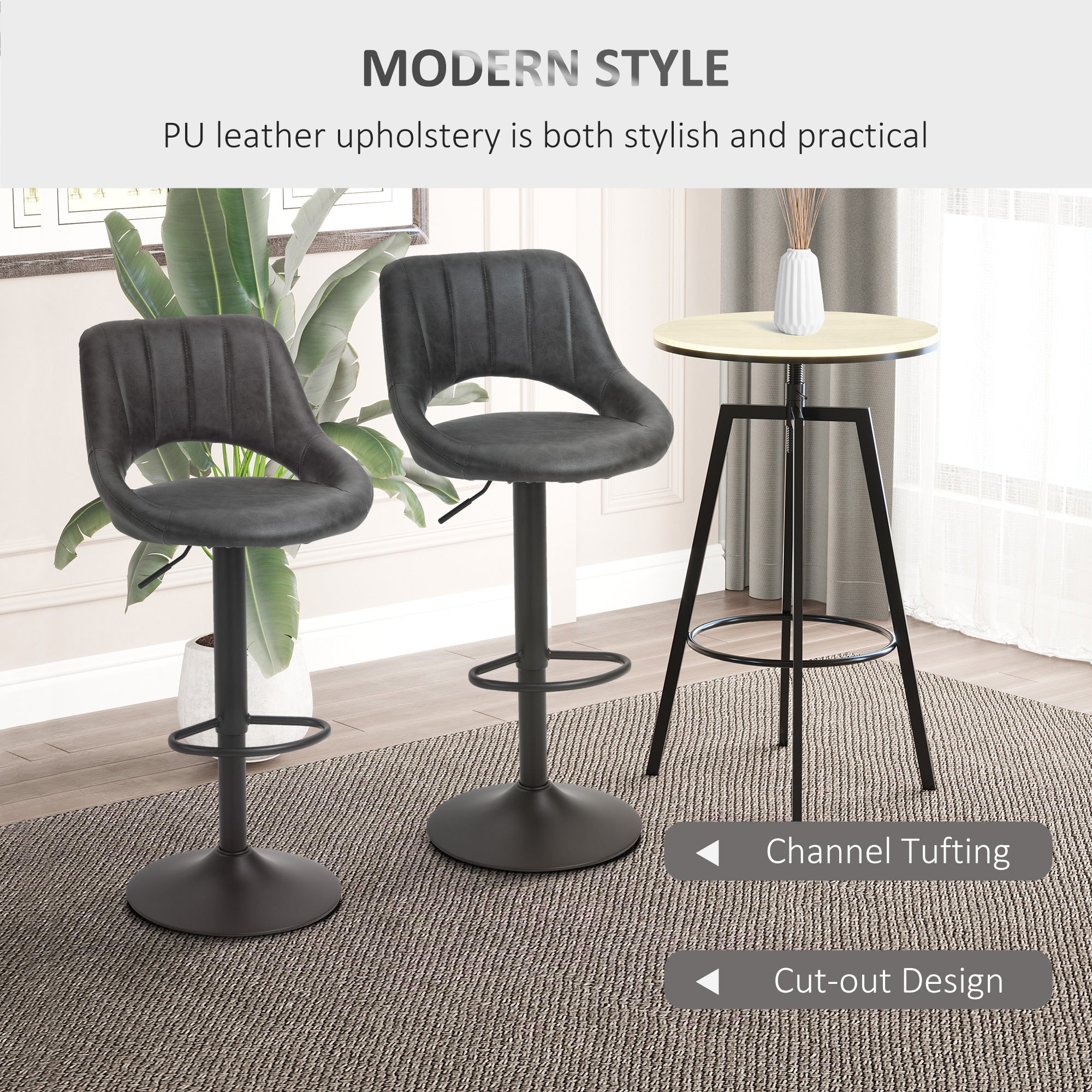 HOMCOM Counter Height Bar Stools Set of 2, Adjustable Barstools with PU Upholstered Back, Footrest, Round Base, Channel Tufted Cut-out Island Chairs for Kitchen, Dining Room, Grey