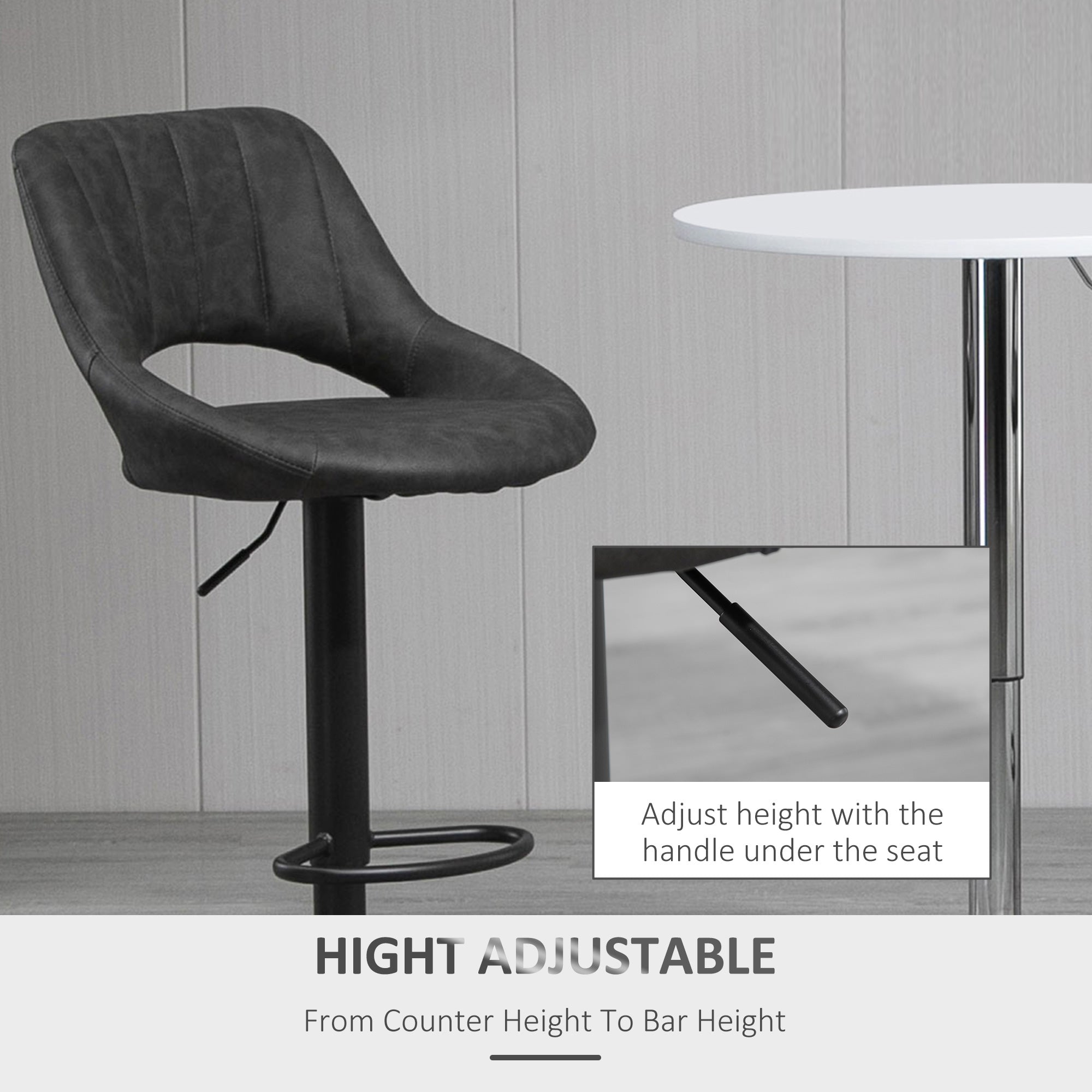 HOMCOM Counter Height Bar Stools Set of 2, Adjustable Barstools with PU Upholstered Back, Footrest, Round Base, Channel Tufted Cut-out Island Chairs for Kitchen, Dining Room, Grey