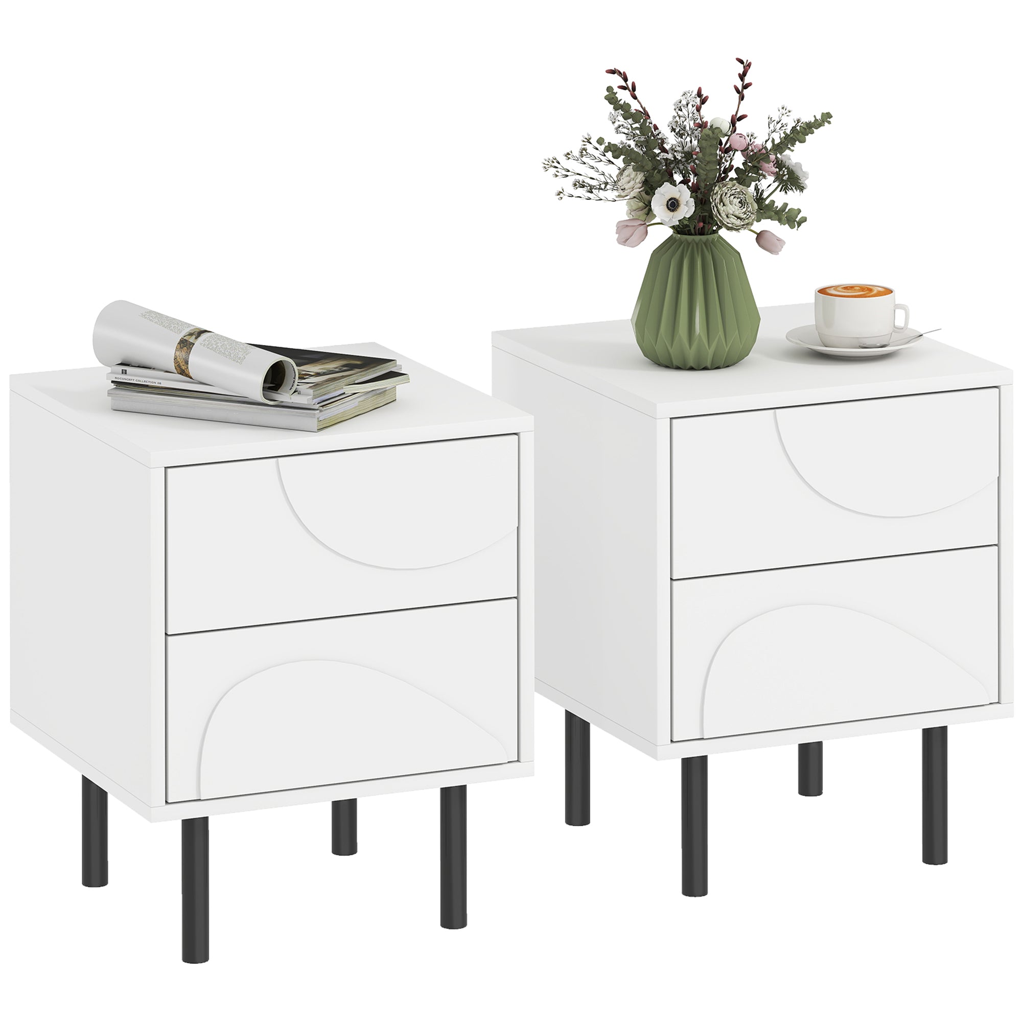 Nightstand Set of 2, Modern Bedside Table with Push-to-Open Drawers and Steel Legs for Living Room, Bedroom, White
