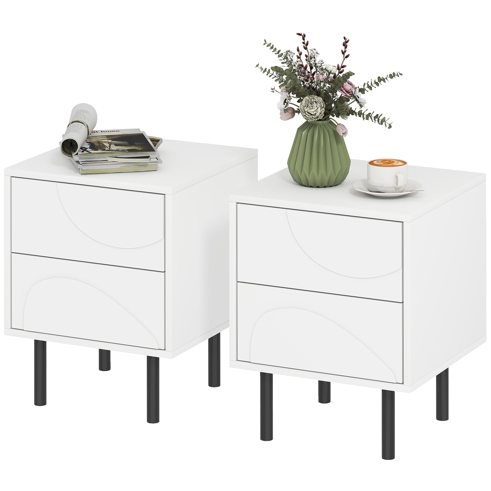 Nightstand Set of 2, Modern Bedside Table with Push-to-Open Drawers and Steel Legs for Living Room, Bedroom, White