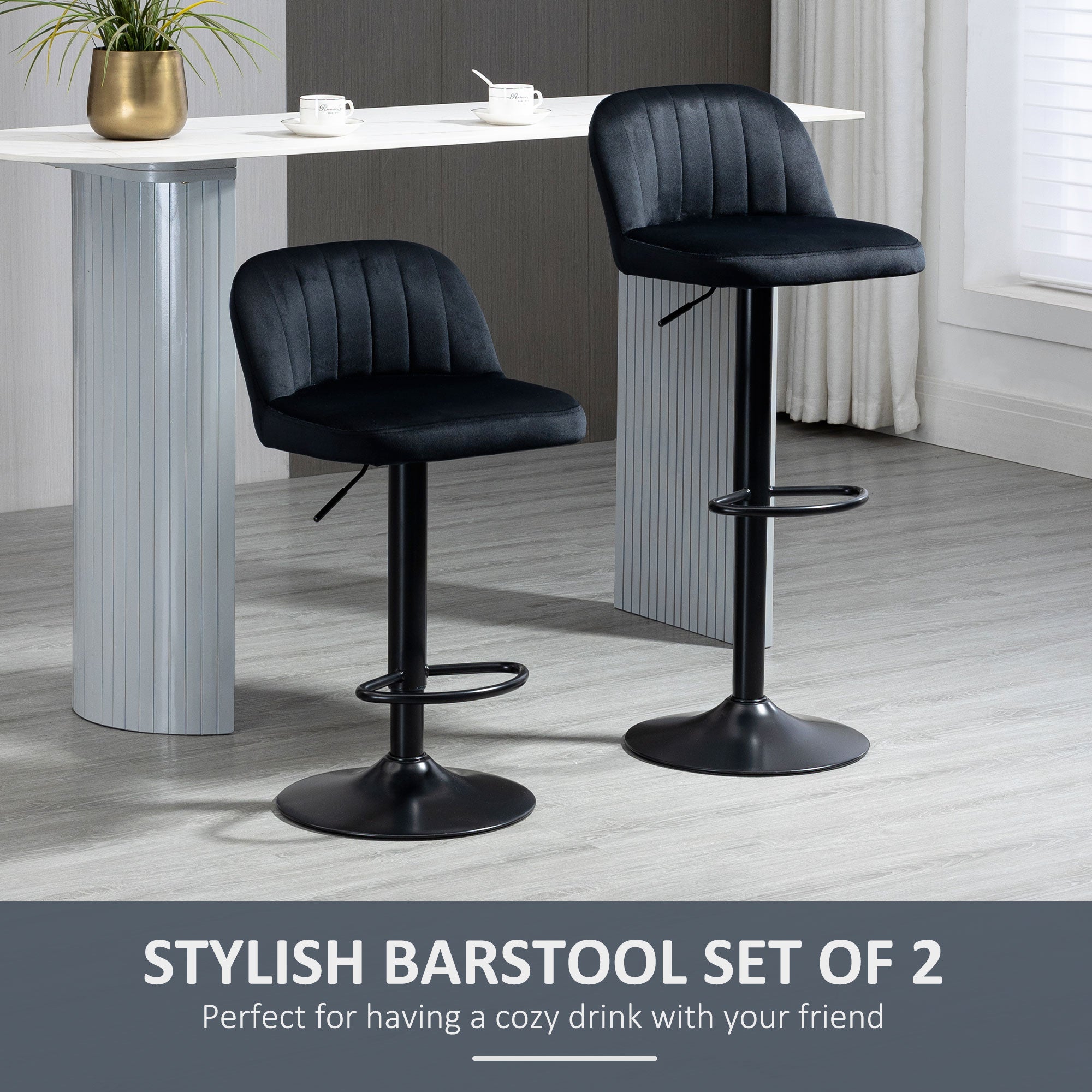 Adjustable Bar Stools Set of 2 Velvet Counter Height Barstool Black