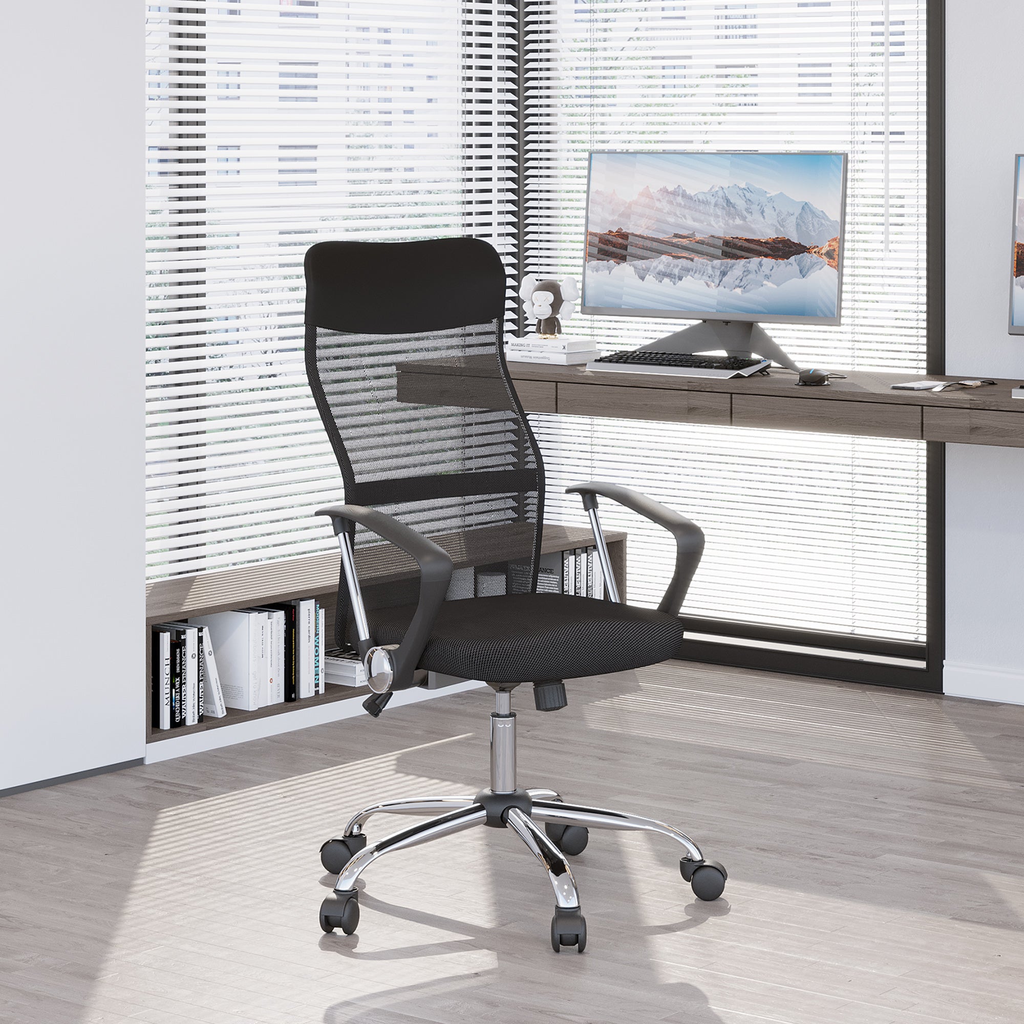HOMCOM Mesh Office Chair, High Back Computer Desk Chair, Swivel Chair with Height Adjustable, Study Chair for Home Office, Black