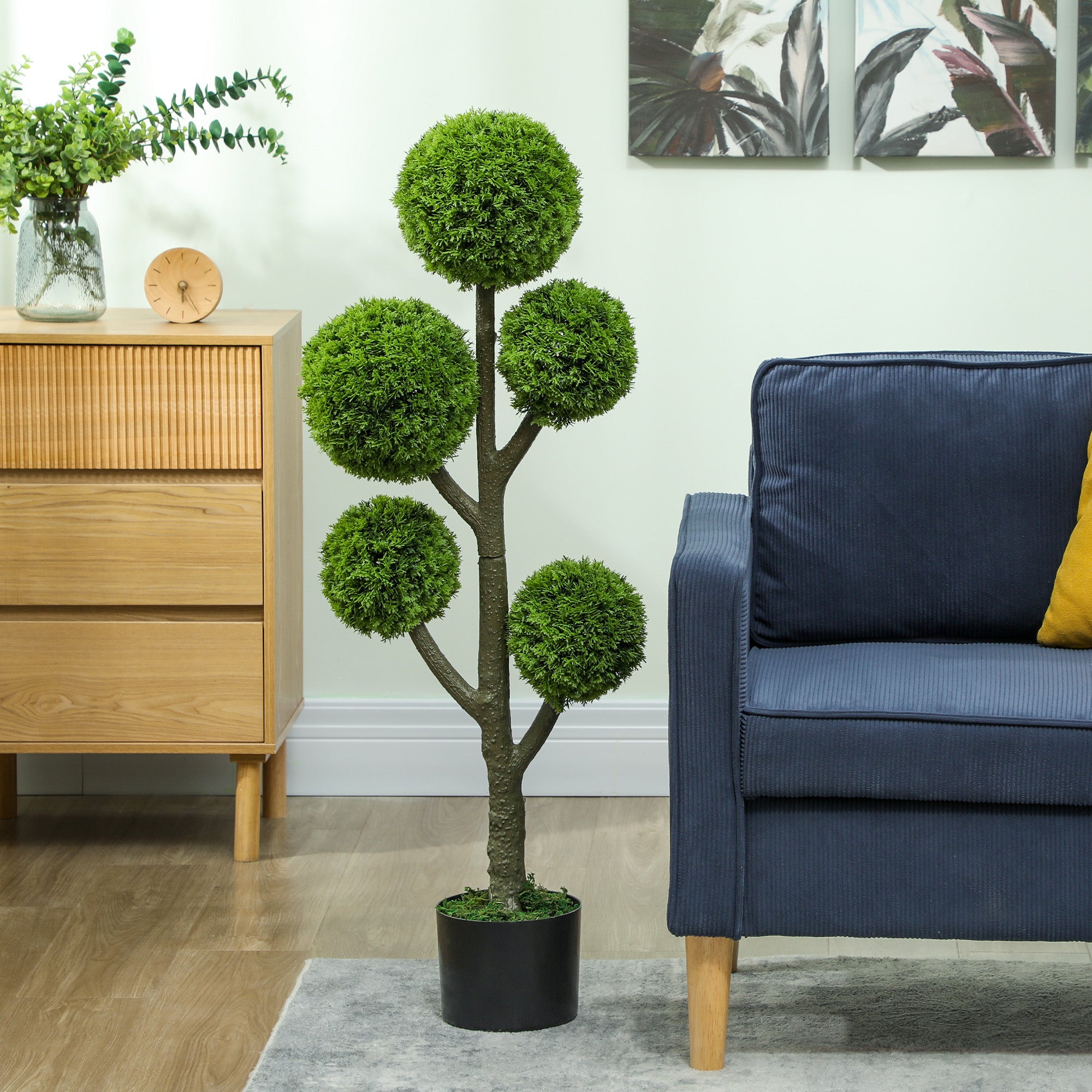 Decorative Artificial Plant, Topiary Five-ball Cypress Tree in Pot, Fake Plant for Home Indoor outdoor Decor, 43.3 Inch, Green