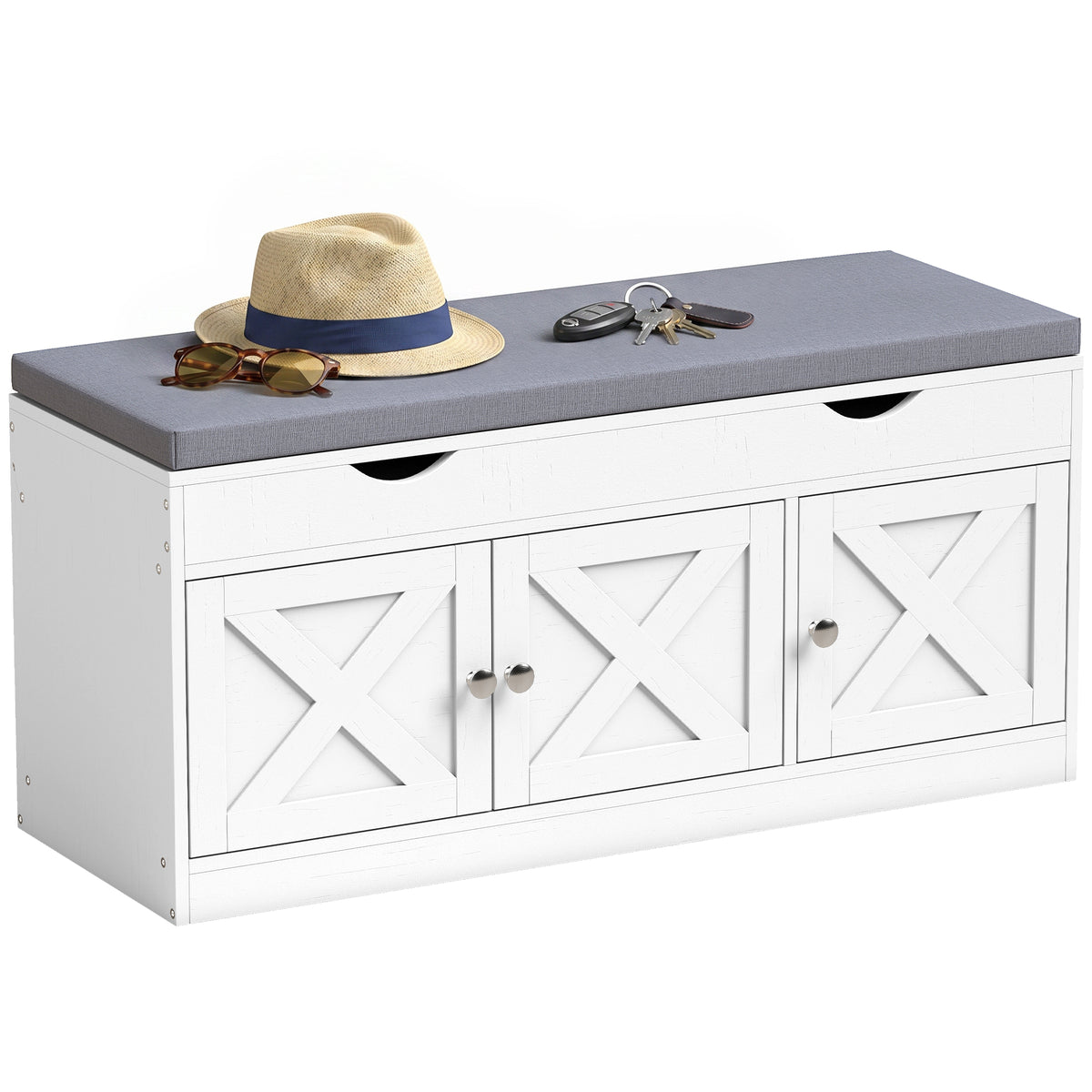 Shoe Bench with Padded Cushion, Farmhouse Entryway Bench with Adjustable Shelves, 3 Shoe Cabinets for Entryway, Hallway, White Wood Grain