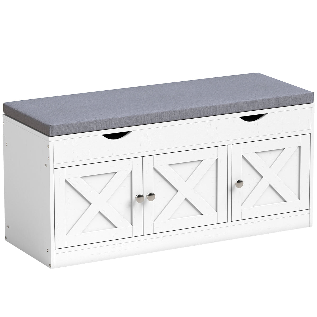 Shoe Bench with Padded Cushion, Farmhouse Entryway Bench with Adjustable Shelves, 3 Shoe Cabinets for Entryway, Hallway, White Wood Grain