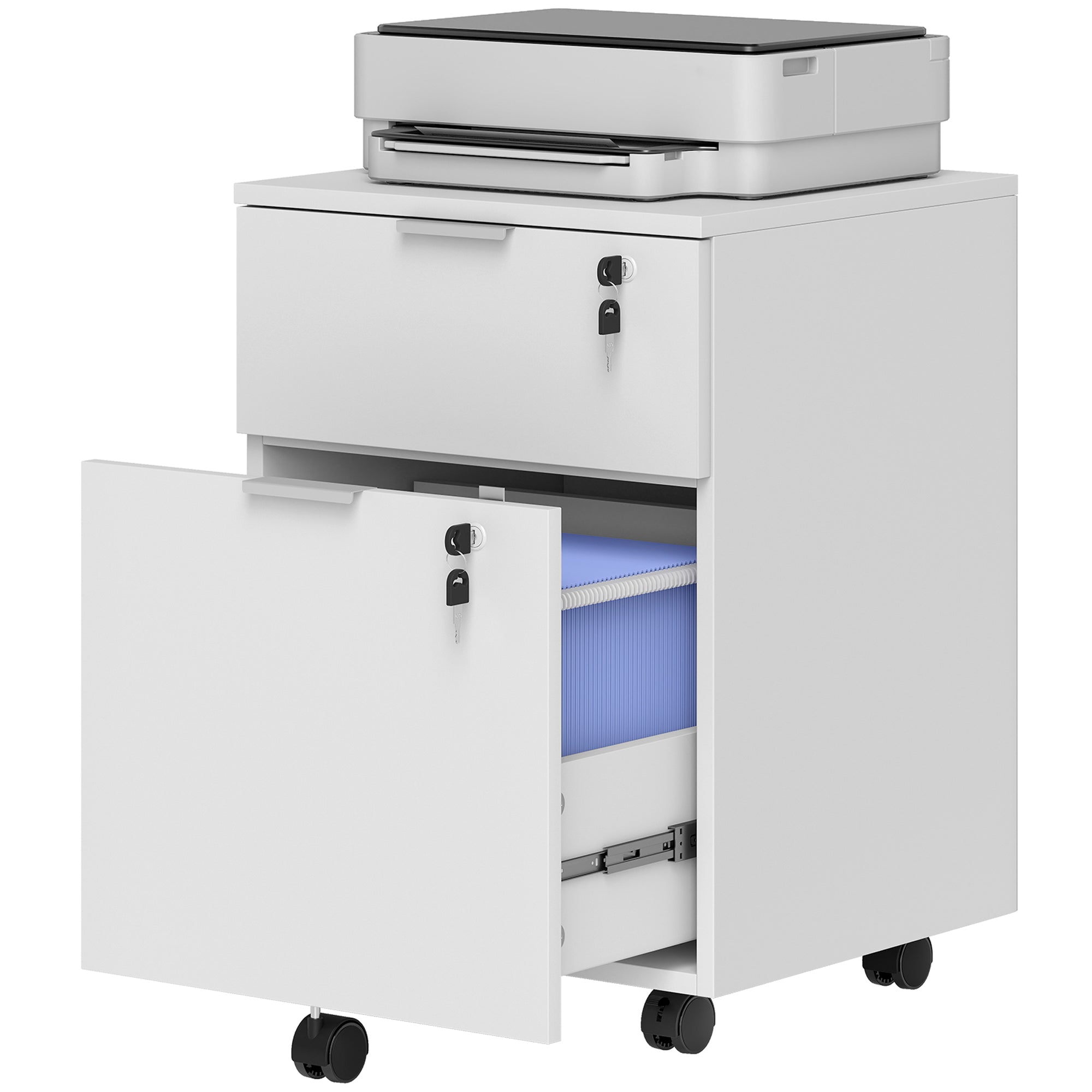 Mobile File Cabinet with Wheels and Lock, 2 Drawer Under Desk Office Cabinet, Adjustable A4 and Letter Hanging Bars, White