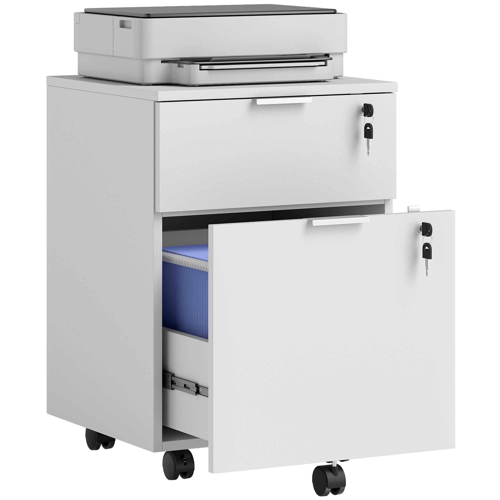 Mobile File Cabinet with Wheels and Lock, 2 Drawer Under Desk Office Cabinet, Adjustable A4 and Letter Hanging Bars, White