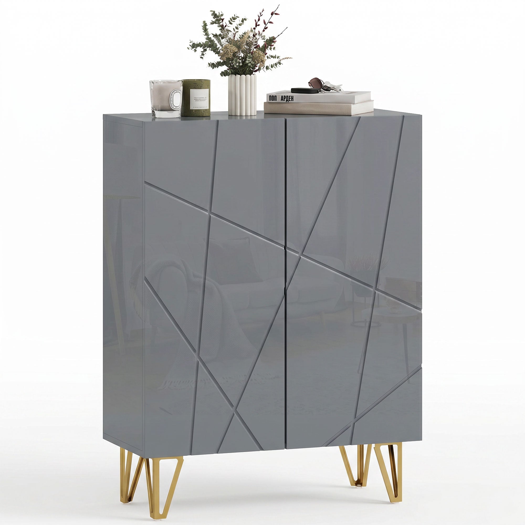 Narrow Shoe Cabinet, Slim Shoe Storage Cabinet with Soft-Close Hinges and Adjustable Shelves for 15-20 Pairs of Shoes, Grey