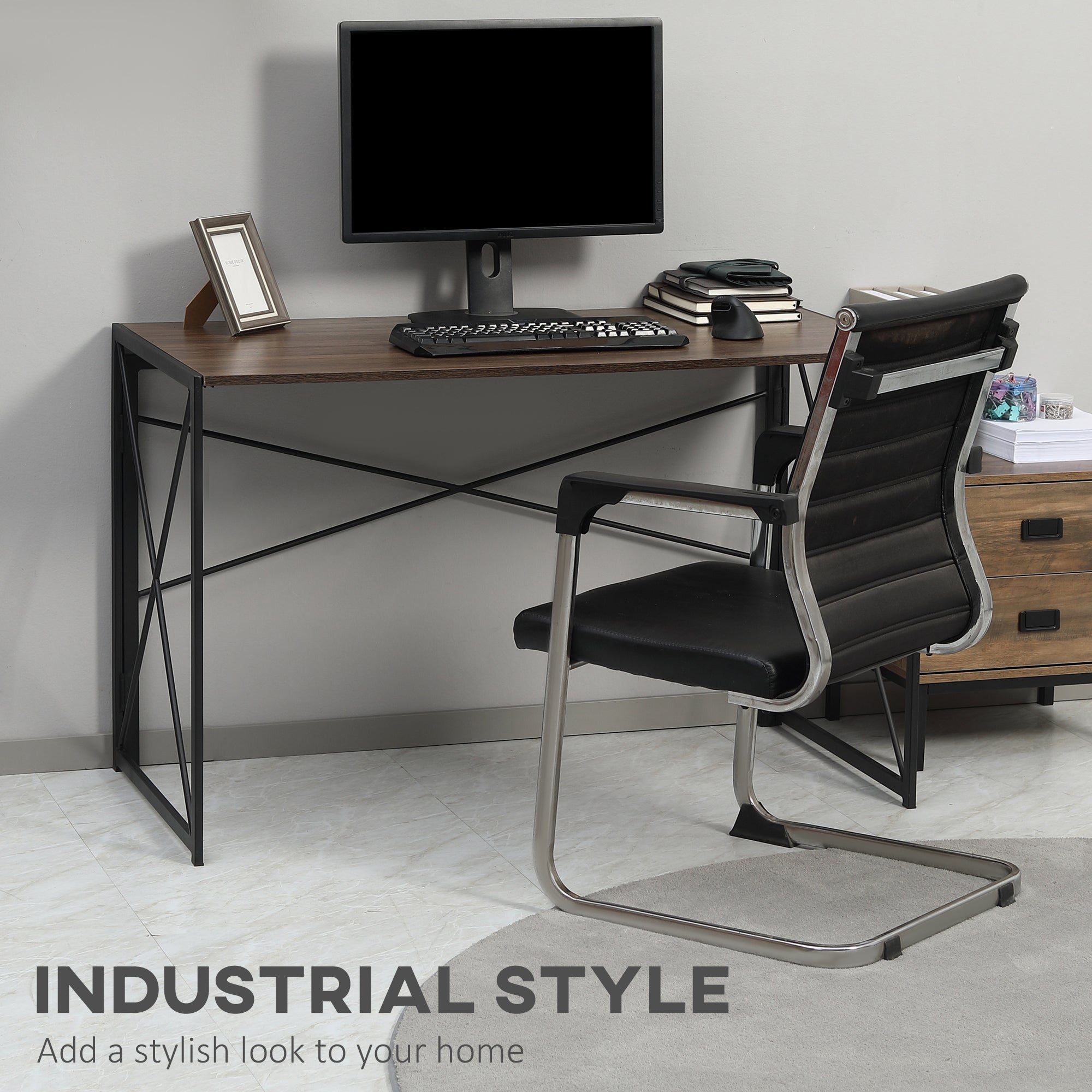 Folding Computer Desk 47.25" W Home Office Writing Desk with Metal Frame Brown