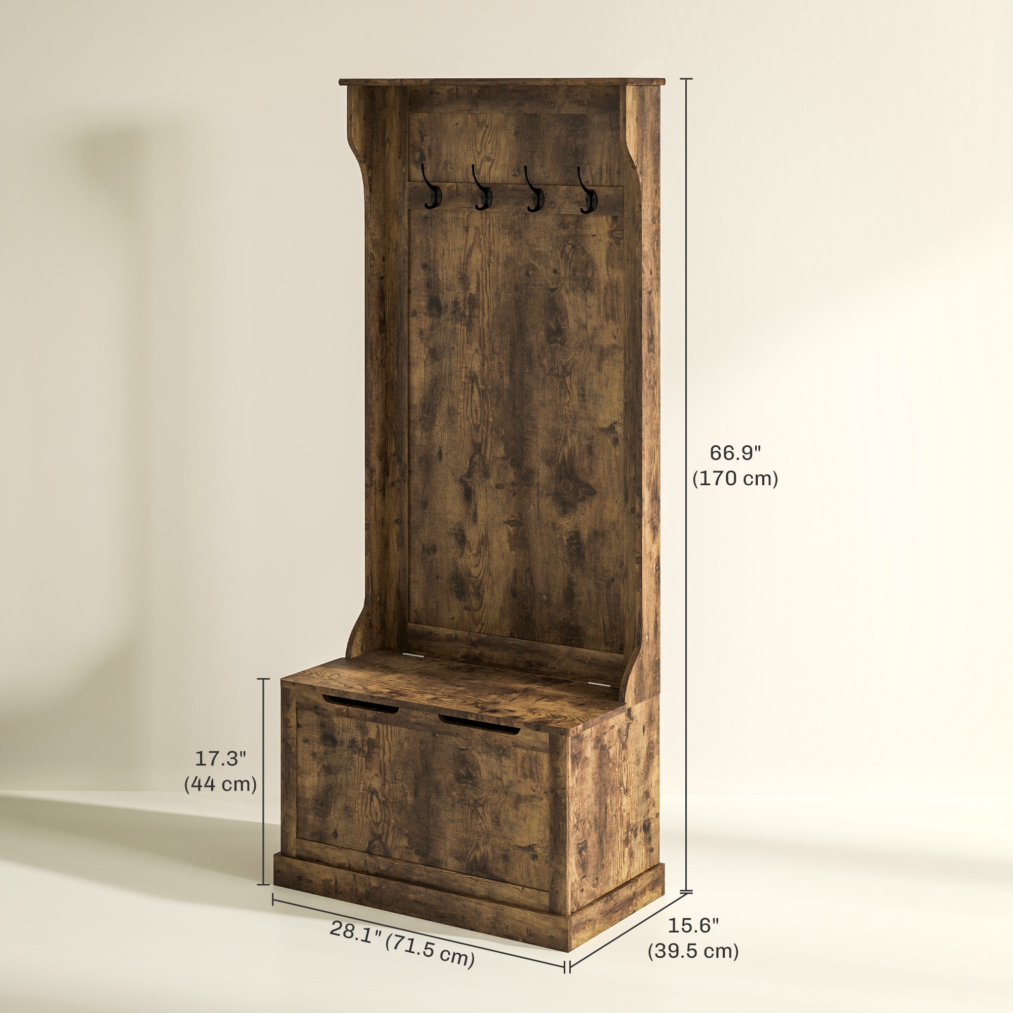 4-In-1 Hall Tree with Bench, 28" Coat Rack with Flip Top Storage Box, 4 Hooks and Top Shelf for Entryway, Hallway, Living Room, Rustic Brown