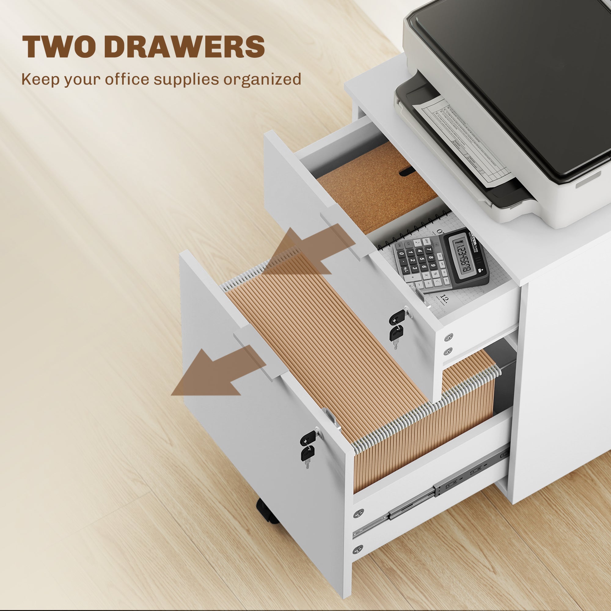 Mobile File Cabinet with Wheels and Lock, 2 Drawer Under Desk Office Cabinet, Adjustable A4 and Letter Hanging Bars, White