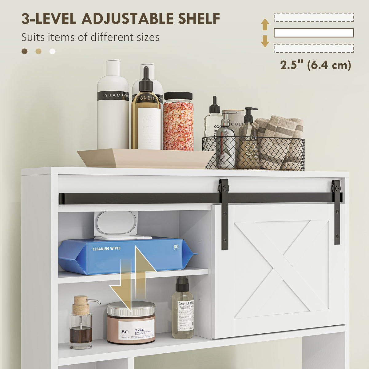 Over-Toilet Storage Cabinet with Sliding Barn Door, Farmhouse Bathroom Cabinet with Compartments & Adjustable Shelf, Freestanding Bathroom Space Saver for Restroom, White