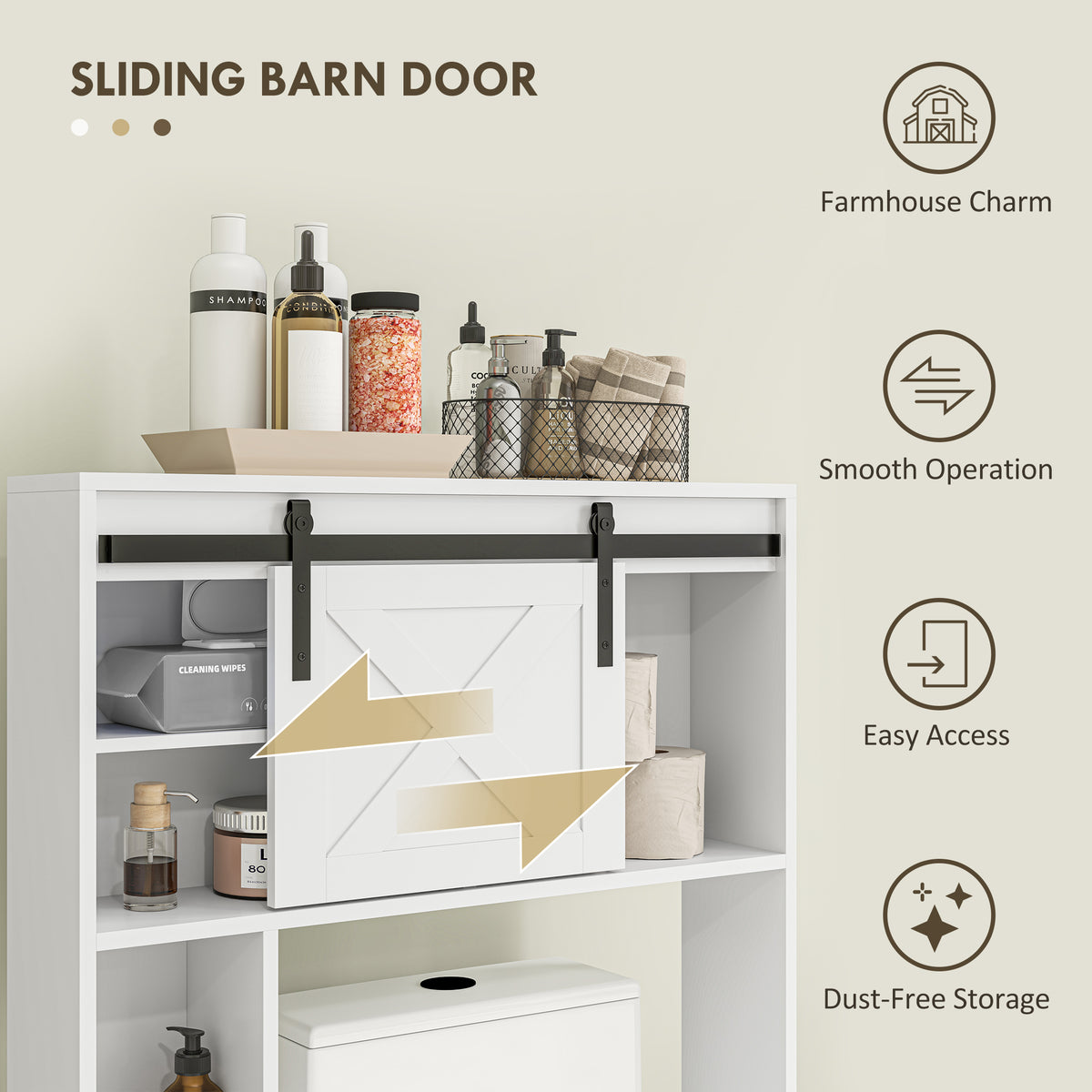Over-Toilet Storage Cabinet with Sliding Barn Door, Farmhouse Bathroom Cabinet with Compartments & Adjustable Shelf, Freestanding Bathroom Space Saver for Restroom, White